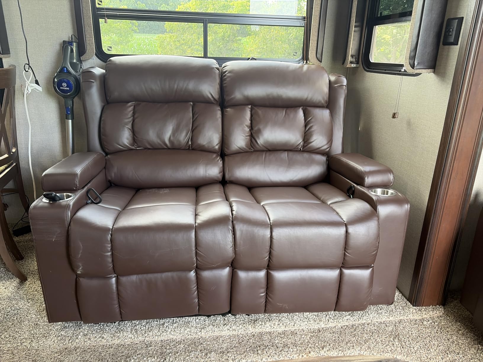 RV Loveseat Recliner Sofa, Wall Hugger Reclining Loveseat RV Couch with USB Ports, Cup Holders, Pockets, 150° Adjustable RV Furniture Velvet Fabric Recliners for Travel & Home Theater Seating customer photo 1