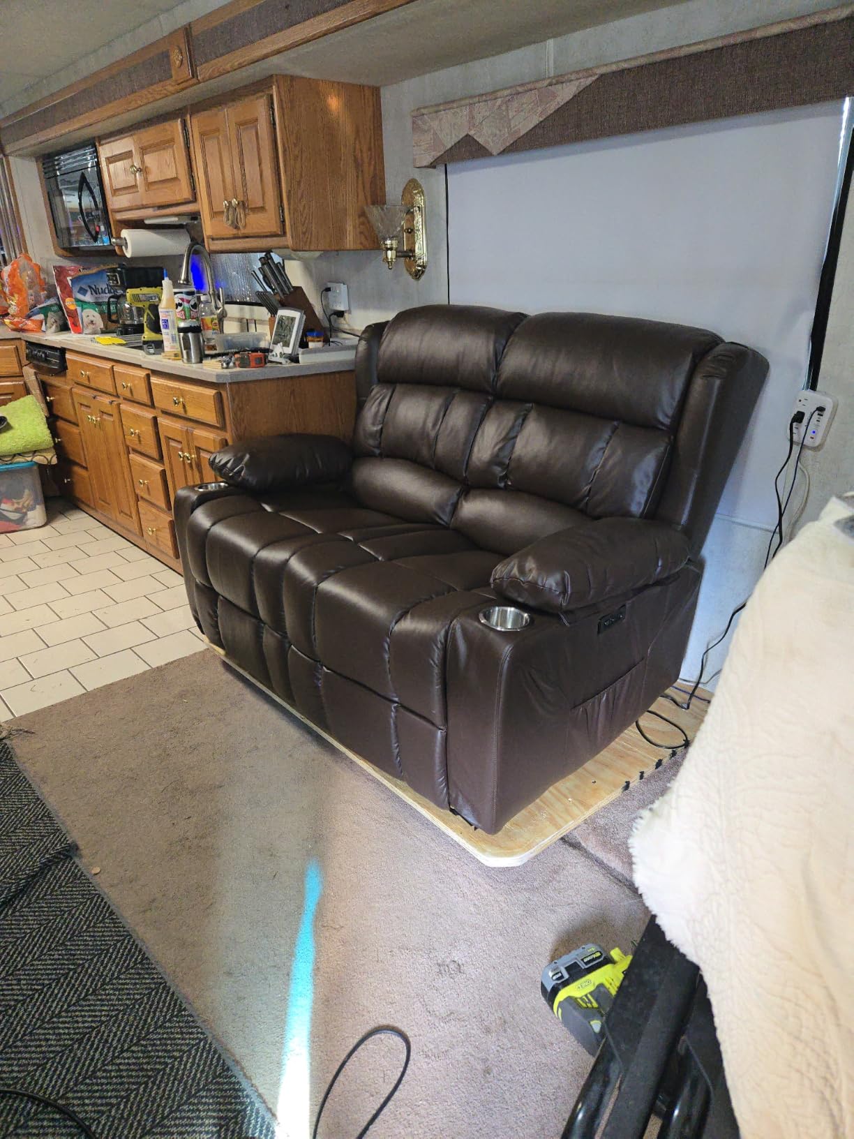 RV Loveseat Recliner Sofa, Wall Hugger Reclining Loveseat RV Couch with USB Ports, Cup Holders, Pockets, 150° Adjustable RV Furniture Velvet Fabric Recliners for Travel & Home Theater Seating customer photo 2