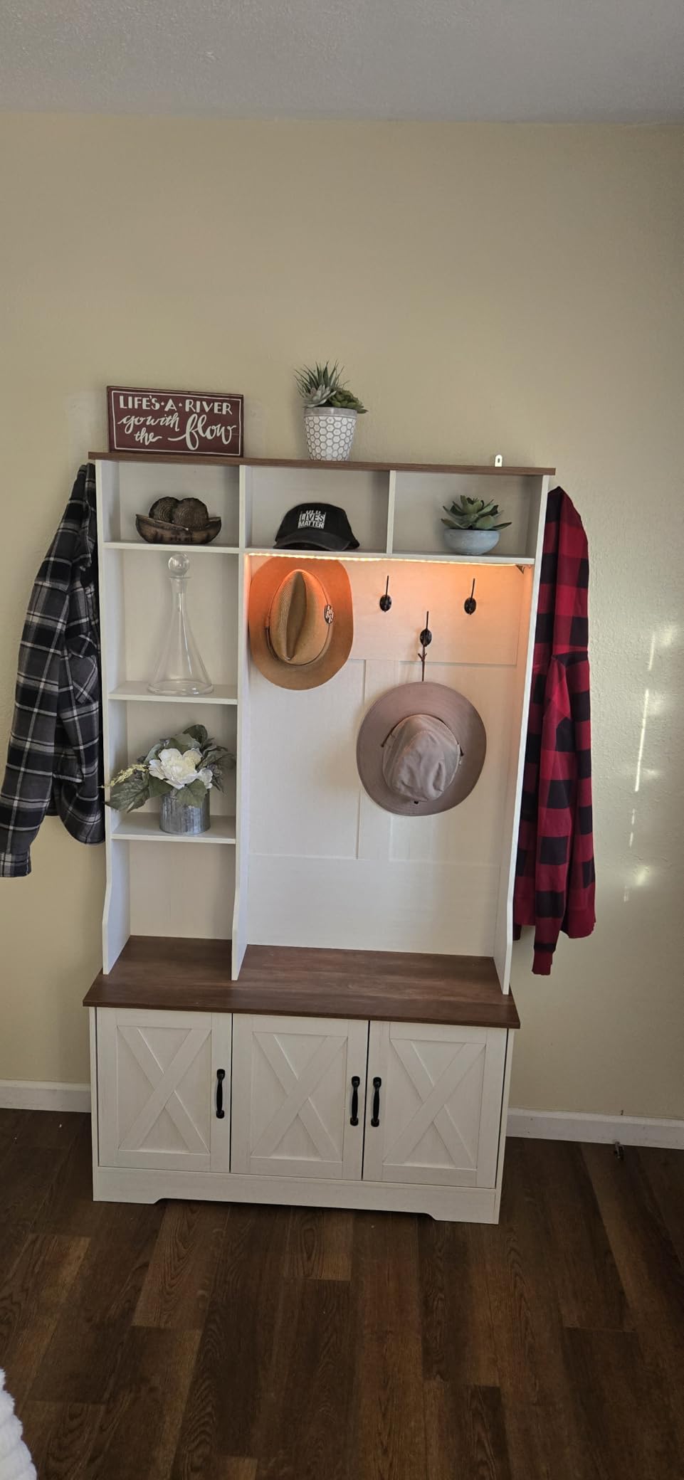 CSZZD Hall Tree with Bench and Shoe Storage, Farmhouse Entryway Bench with Coat Racks and Led Lights, Tall Hall Tree with 7 Coat Hooks, 6 Storage Cubbies, Adjustable Shelf customer photo 1