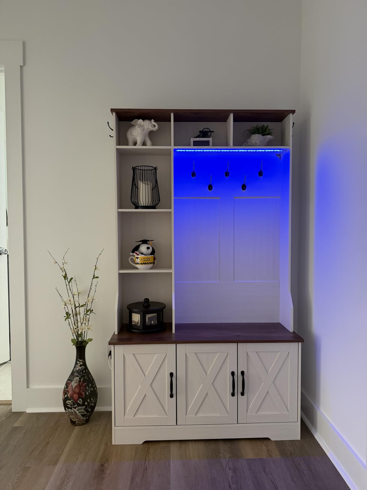 CSZZD Hall Tree with Bench and Shoe Storage, Farmhouse Entryway Bench with Coat Racks and Led Lights, Tall Hall Tree with 7 Coat Hooks, 6 Storage Cubbies, Adjustable Shelf customer photo 2