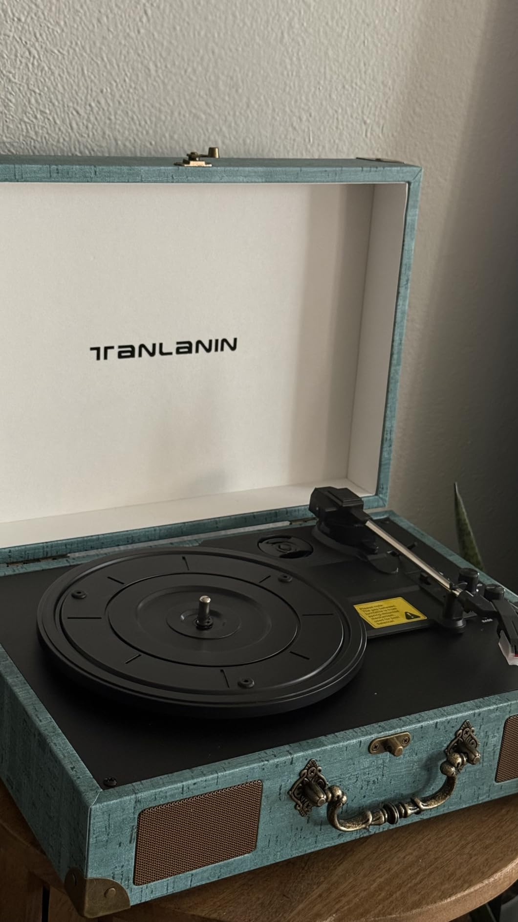Suitcase Record Player with Speakers, Bluetooth in/Out, Turquoise | Vintage portable turntable, 3-speed auto stop, bass/treble control, belt drive, RCA/AUX and headphone jack customer photo 1