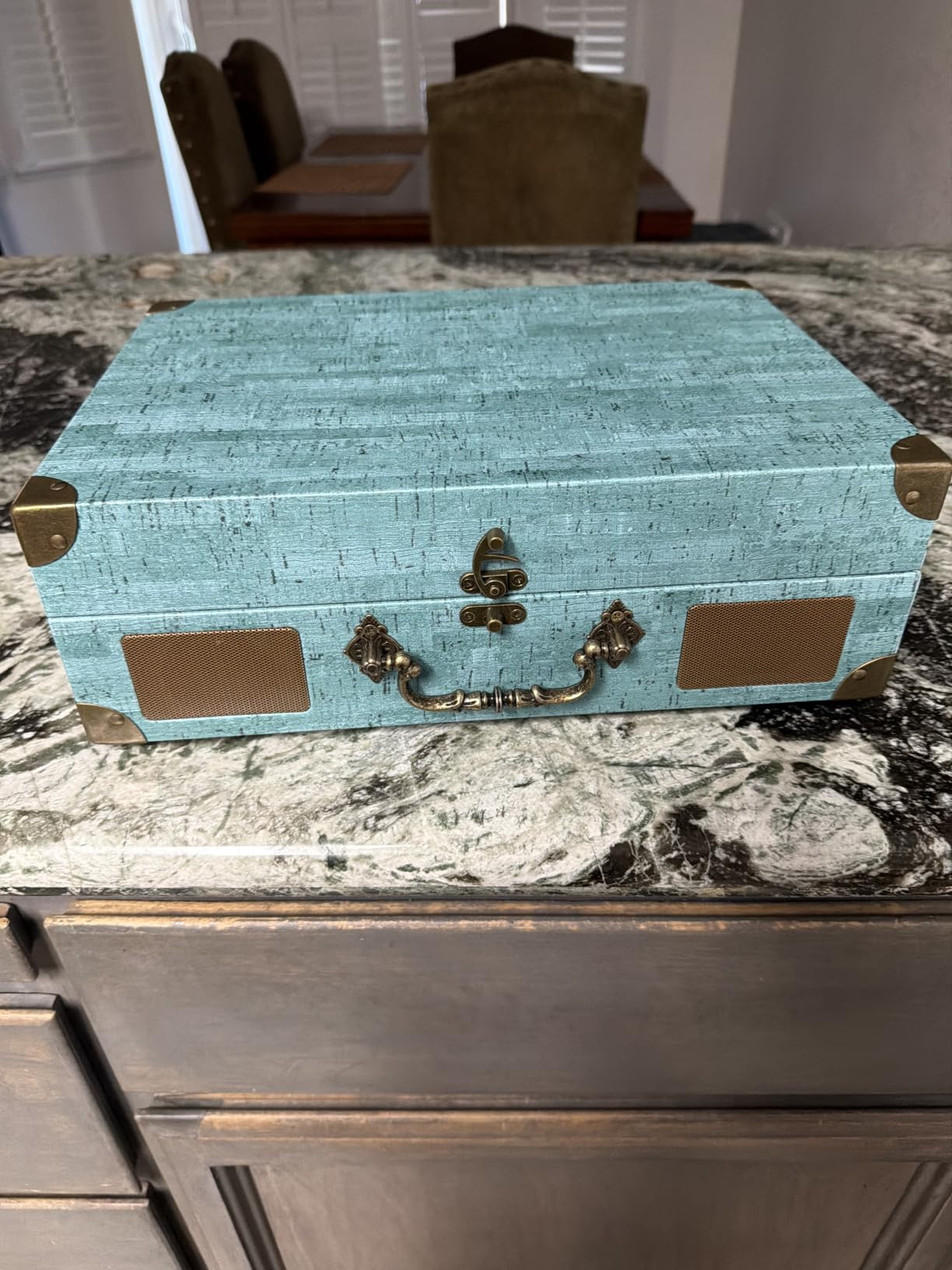 Suitcase Record Player with Speakers, Bluetooth in/Out, Turquoise | Vintage portable turntable, 3-speed auto stop, bass/treble control, belt drive, RCA/AUX and headphone jack customer photo 2