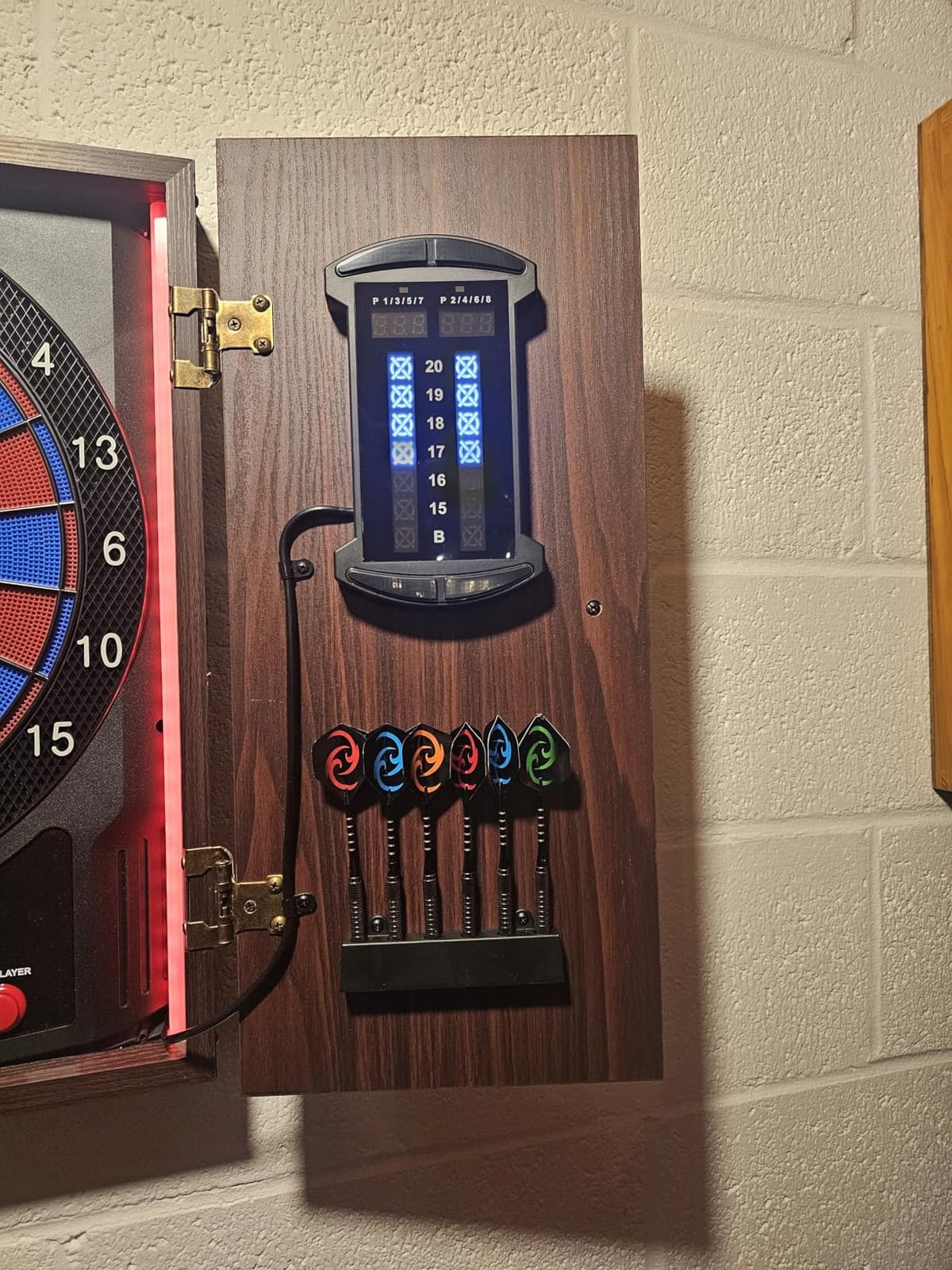 Electronic Dart Board Wooden Cabinet Set, Electric Dart Boards for Adults | Soft Tip Dartboard with Light Strips, Large Cricket Display, Automatic Scoring, 12 Darts, 45 Games & 474 Variations customer photo 1