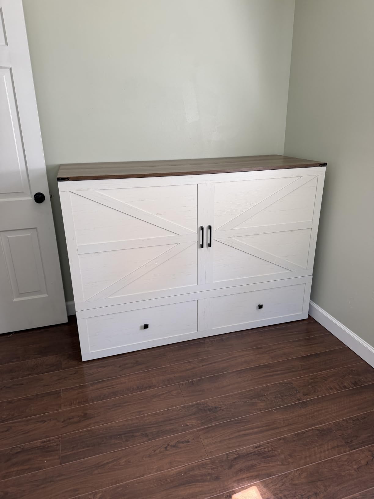 AMERLIFE Queen Murphy Bed Cabinet with Charging Station and Storage, Farmhouse Foldable Platform Bed for Guest Room, Office, Small Spaces, Barnwood customer photo 2