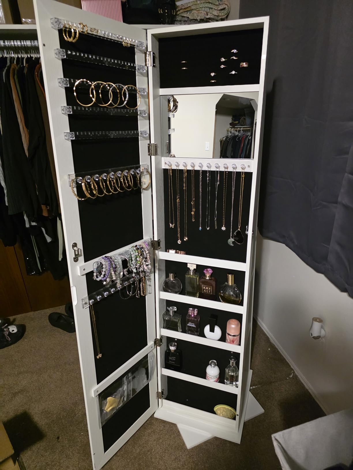 Bextsrack 360° Swivel Jewelry Armoire with Full-Length Mirror, Lockable Standing Jewelry Organizer Cabinet with Interior Mirror & Rear Storage Shelves, 65