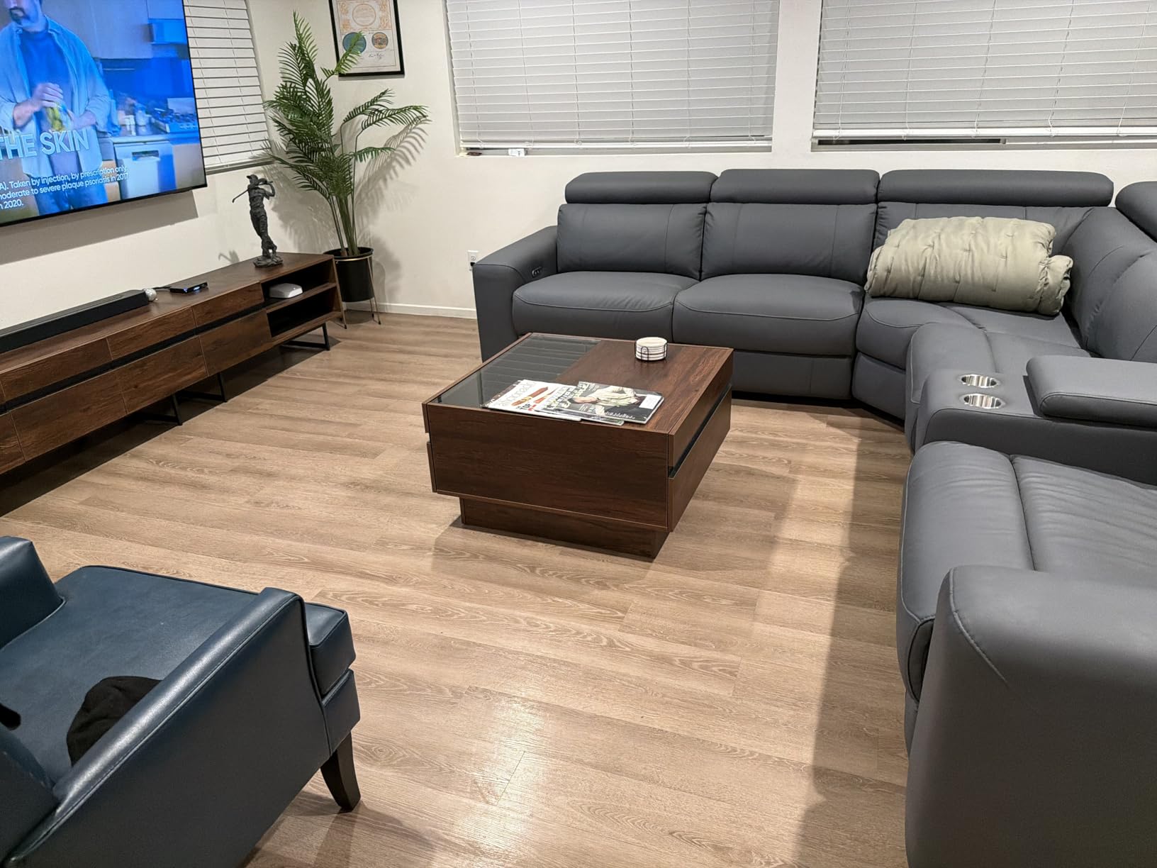 Power Reclining Sectional, Sectional Recliner, Leather Reclining Sectional | Electric Reclining Couch with Storage & USB, Console, Adjustable Headrest & Cup Holders for Living Room, 5-Seater Beige Brown customer photo 1