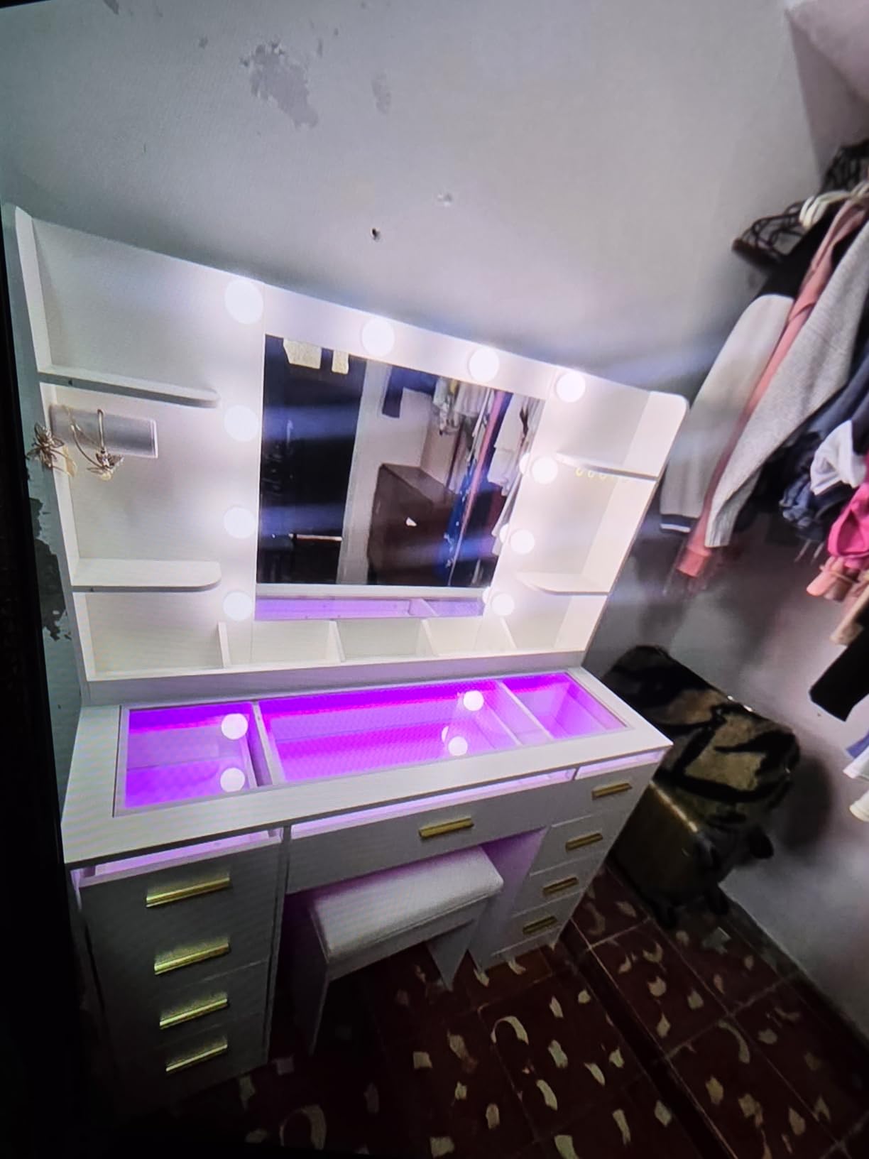 ANWBROAD Large Vanity Desk with Mirror and Lights & Transparent Glass Top | 3 Colors Makeup Vanity Table Set with 9 RGB Drawers, Power Outlet,White Vanity Stool and 4 Shelves for Bedroom Women UBDT94W customer photo 1
