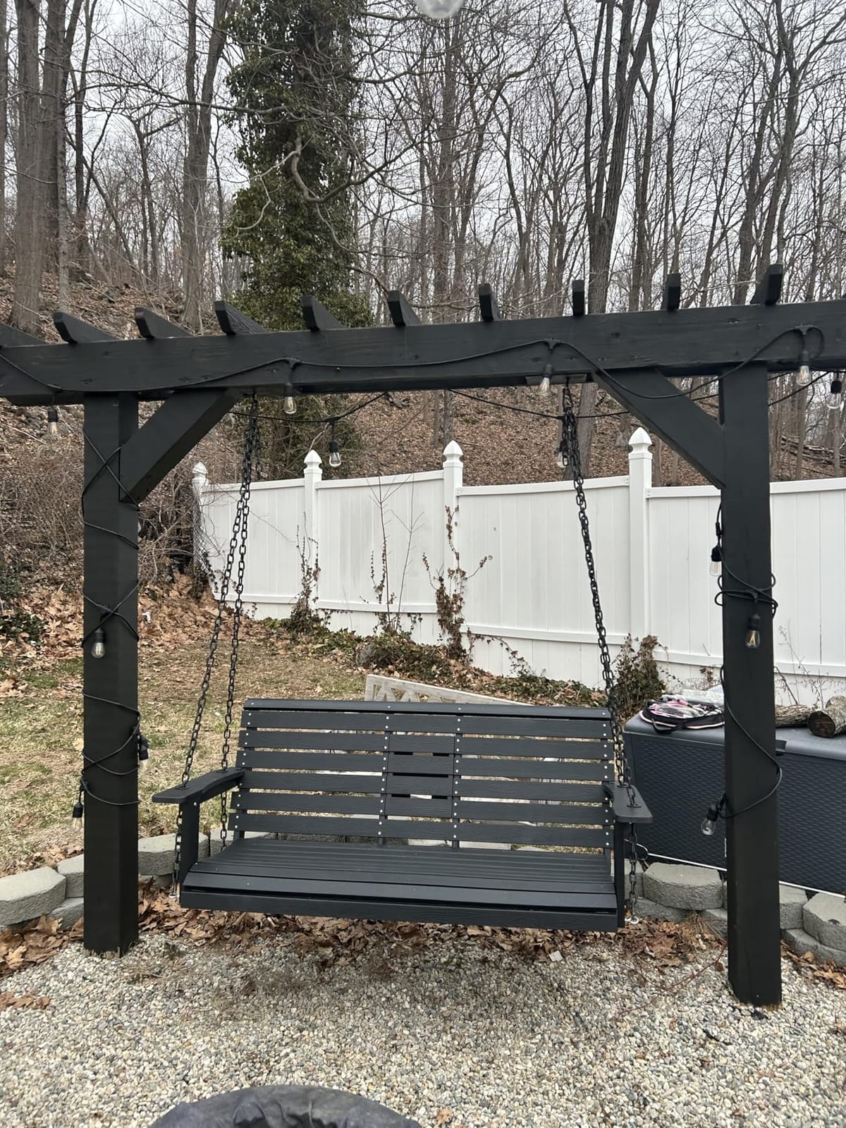 Poly Lumber 3-Seat Porch Swing, HIPS 5-Feet Bench Swing with Foldable Cup Holders, 18/8 Stainless Steel Hardware, High Backrest and Deep Contoured Seat, Carbon Black customer photo 1