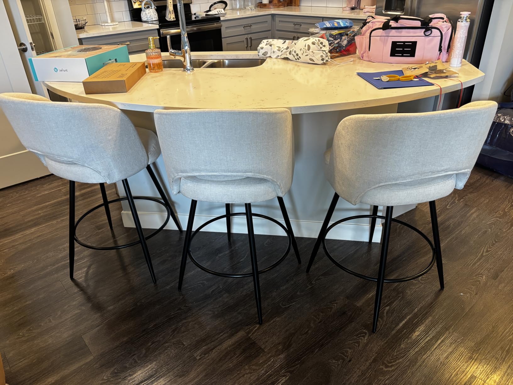 LUE BONA 26''H Swivel Bar Stools Set of 3, Counter Height Bar Stools with Backs, Lumbar Pillow and Black Metal Frames, Upholstered Modern Barstools for Kitchen Island, Linen Fabric, Linen Color customer photo 1