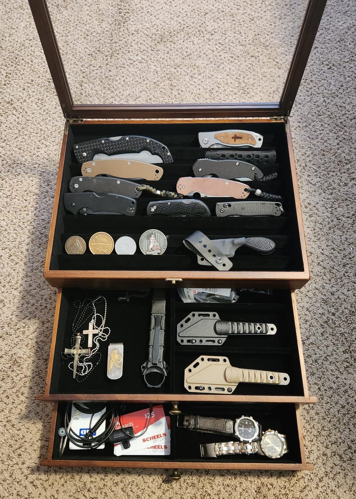 Large Knife Display Case, 3-Tier Pocket Knife Organizer and Storage Box with Transparent Lid & Drawer, for Folding Knife and Dagger Collections, Ideal Men's Gift(Walnut) customer photo 2