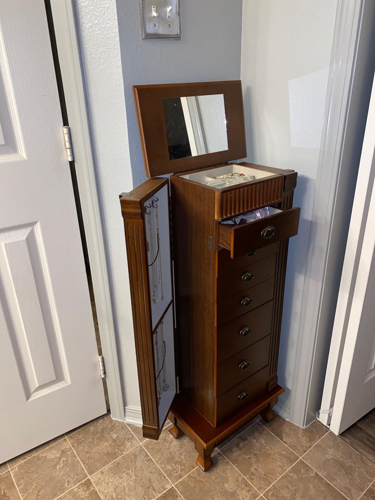 GIANTEX Standing Jewelry Cabinet with 7 Drawers, Flip-Top Mirror, 2 Side Doors with 12 Necklace Hooks, Divided Ring Compartments, Velvet-Lined Jewelry Armoire Organizer Chest (Black) customer photo 1