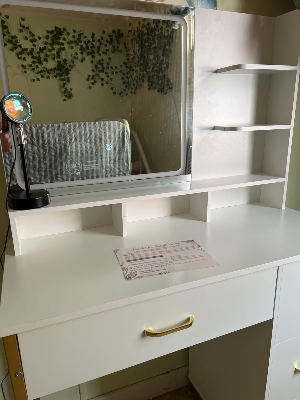 COMHOMA Vanity Desk with Mirror and Lights, Makeup Vanity Table with 4 Drawers & Storage Shelves, Large HD Mirror, 3 Color Modes & Adjustable Brightness, Modern Dressing Table for Bedroom, Pearl White customer photo 2