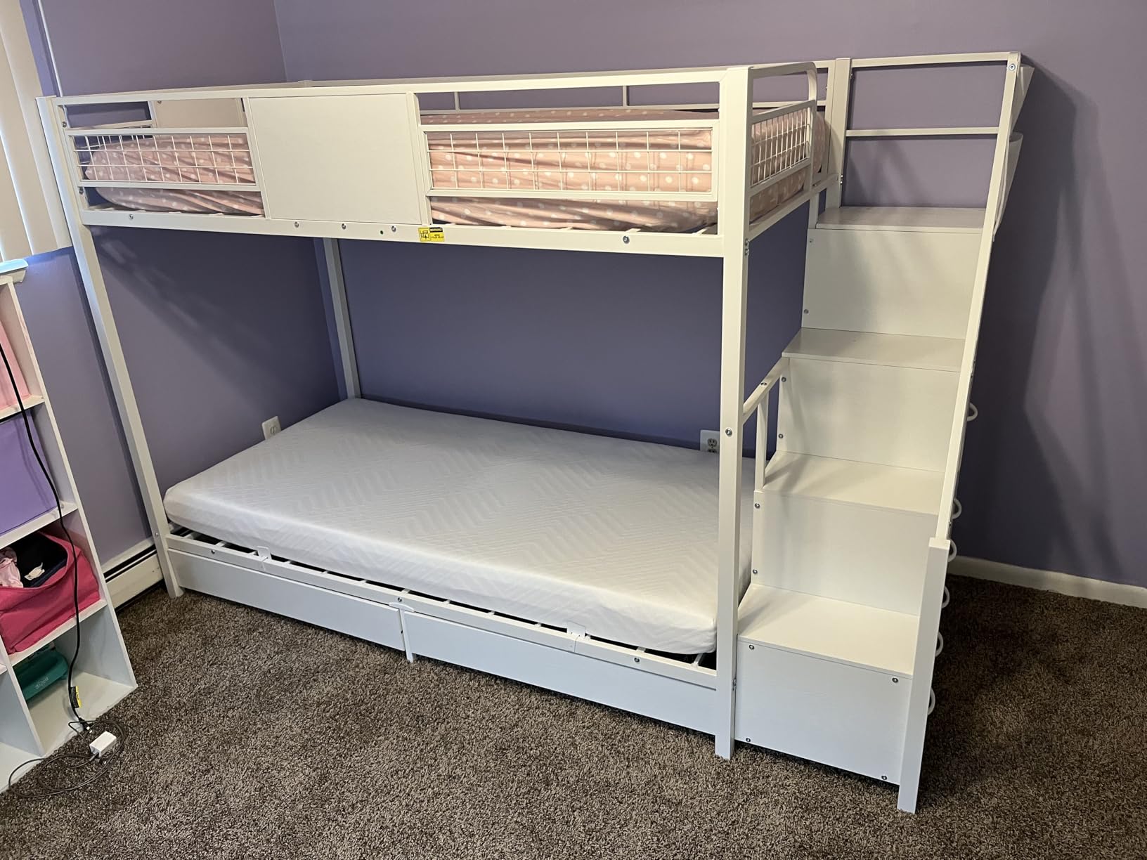 BTHFST Bunk Bed Twin Over Twin with Stairs, LED Lights Twin Bunk Bed with 2 Storage Drawers & 6 Fabric Drawers, Metal Twin Loft Beds with Guardrail & Stairs, Space Saving, Sturdy Frame for Teens customer photo 2