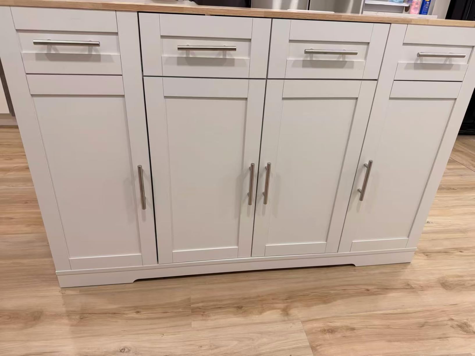 Dripex 53'' Rolling Kitchen Island with Power Outlet, Drop Leaf & Trash Can Storage, Large Island Cart on Wheels with Rubberwood Top, 4 Drawers, Open Shelves, for Kitchen, Dining Room (White) customer photo 1