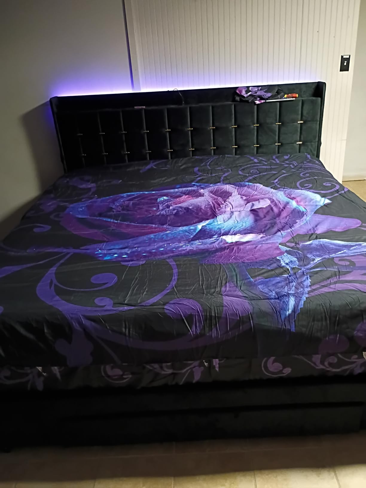 YITAHOME King Size Bed Frame with 3 Storage Drawers and LED Lights, Black, Velvet Upholstered Platform Bed with Charging Station, No Box Spring Needed customer photo 1