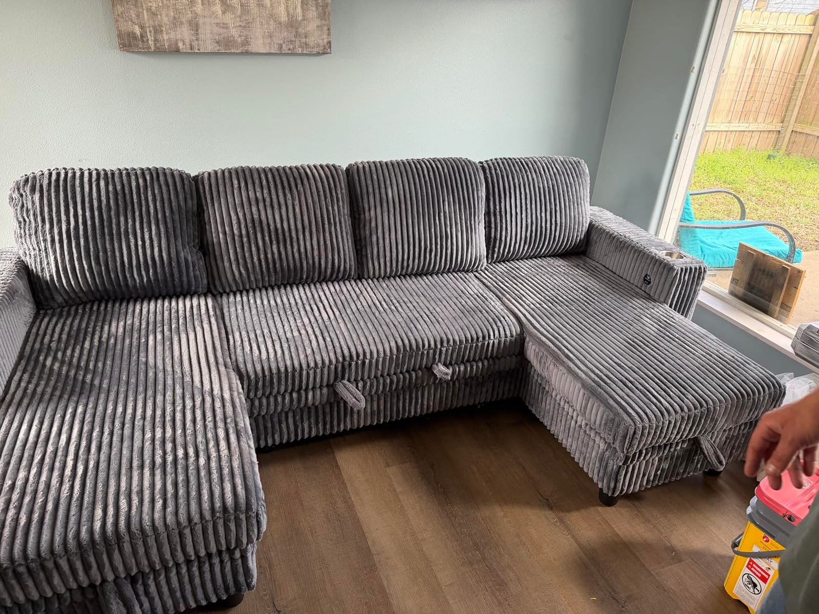 LINSY HOME Sectional Sleeper Couch with Pull Out Sofa Bed, Plush Corduroy Convertible Cloud Couch with Storage Chaise & USB Charging, Sectional Couches for Living Room (Beige, 81'' L-Shaped Sofa) customer photo 1