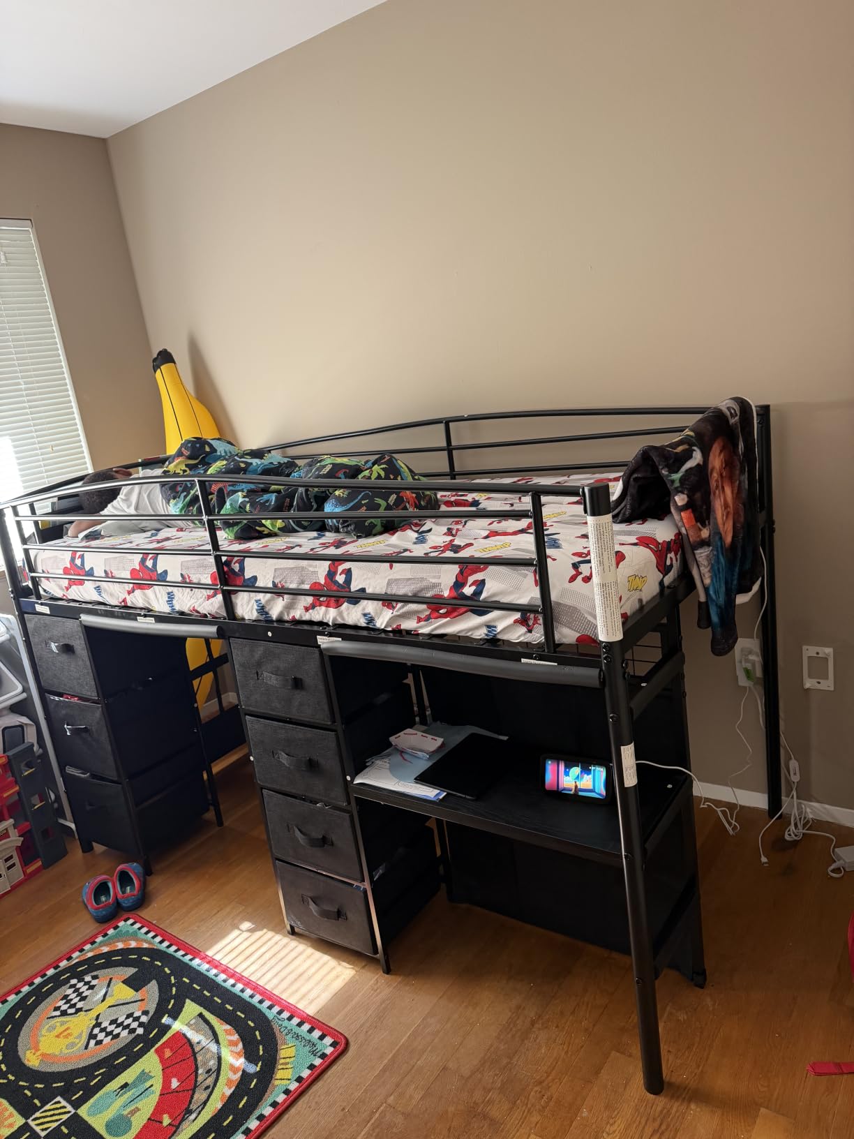 Low Loft Bed Twin Size with 7 Storage Drawers, Desk and LED Lights, Heavy Duty Metal Kids Loft Bed with 13.8