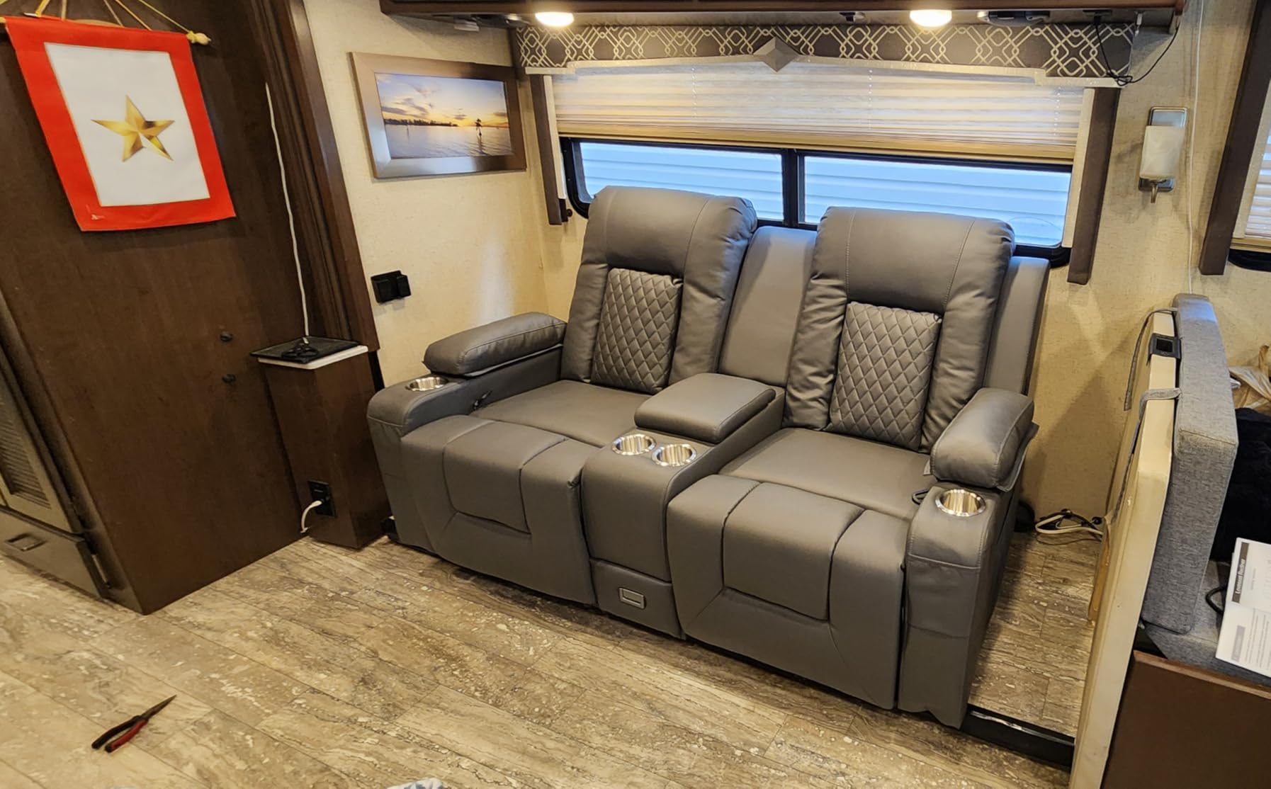 Recliner Sofa, Home Theater Seating with Center Console, 4 Seat Reclining Couch with USB Ports & Phone Holders, Wall Hugger RV Sofa Furniture Loveseat Recliner Couch with Storage & Pocket customer photo 1