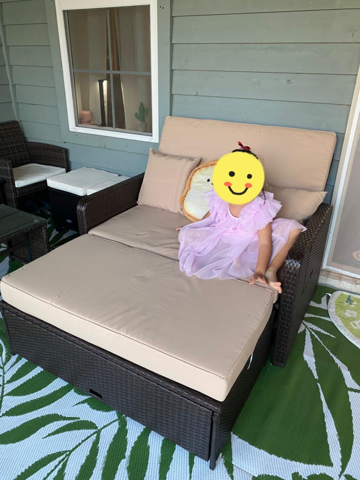 RELAX4LIFE Wicker Patio Outdoor Daybed - Rattan Day Bed Lounger w/Loveseat & Storage Ottoman, Sunbed Sofa Set w/Cushions, 4-Level Adjustable Backrest & 2 Retractable Trays, Patio Daybed (White-Black) customer photo 1