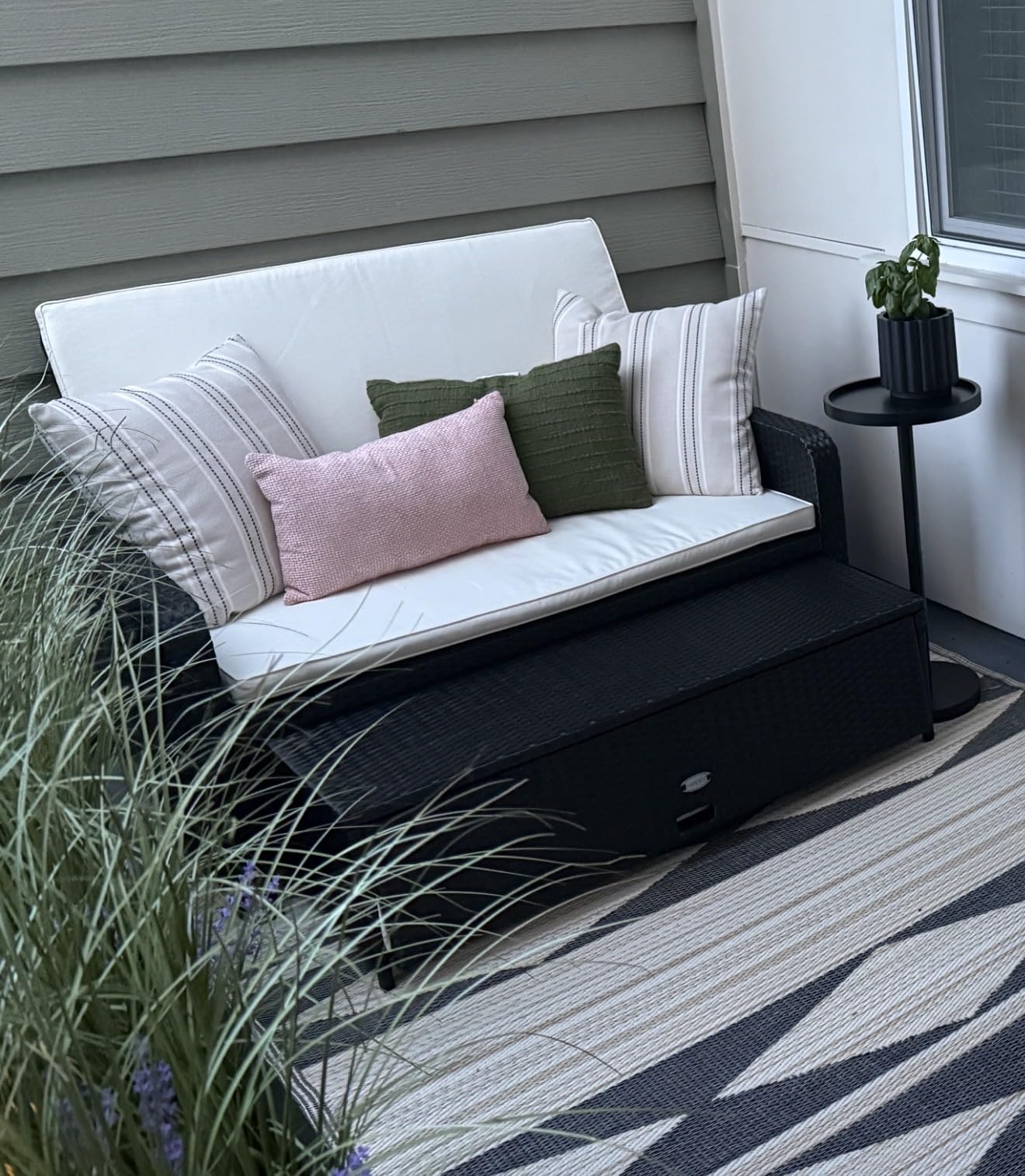 RELAX4LIFE Wicker Patio Outdoor Daybed - Rattan Day Bed Lounger w/Loveseat & Storage Ottoman, Sunbed Sofa Set w/Cushions, 4-Level Adjustable Backrest & 2 Retractable Trays, Patio Daybed (White-Black) customer photo 2