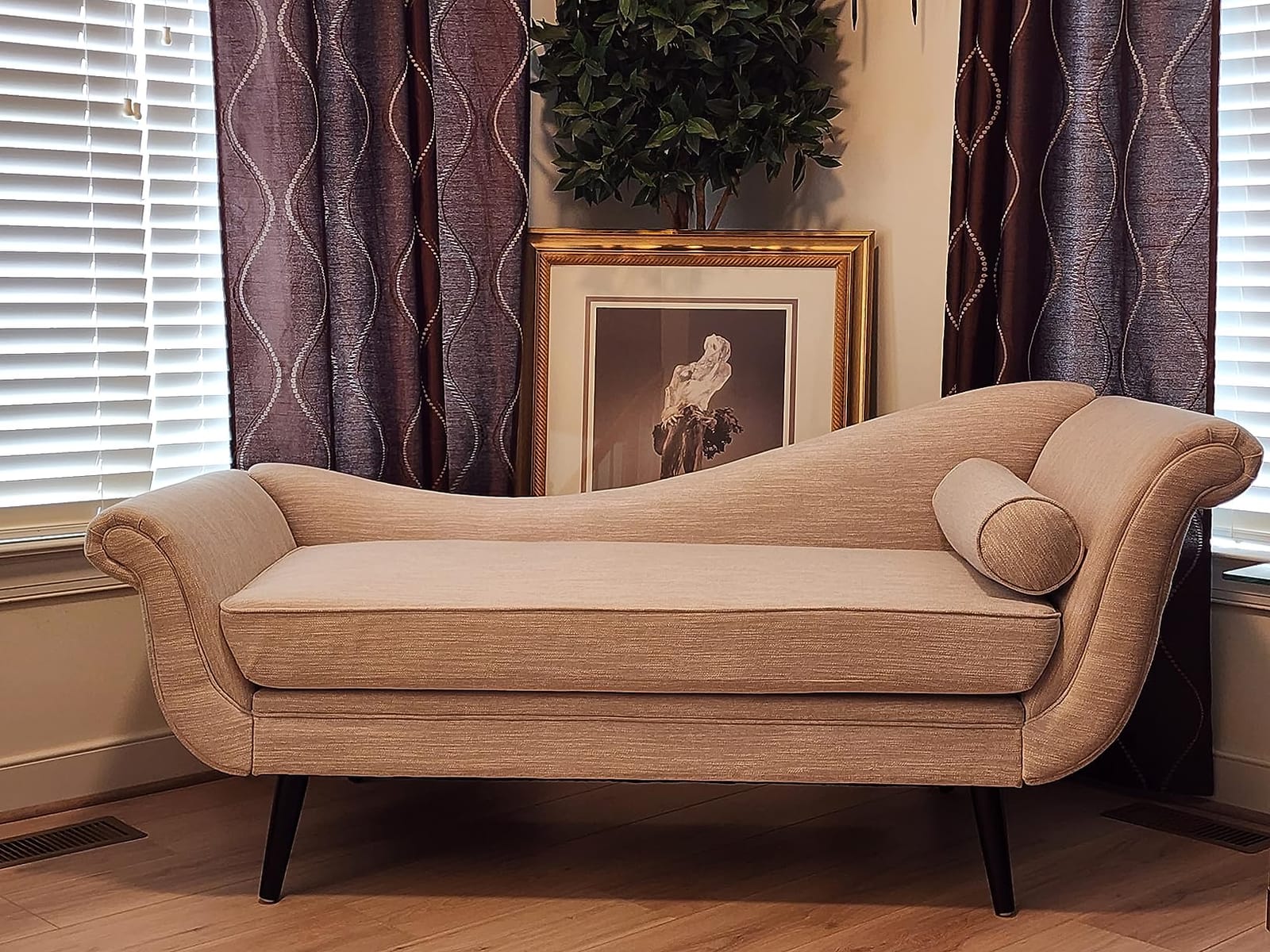 Christopher Knight Home Willer Velvet Upholstered Chaise Lounge Chair Indoor, Wooden Chaise Lounge Sofa with Scrolled Armrest/Splayed Legs, Living Room Sofa Couch with Accent Pillow, Light Brown customer photo 1