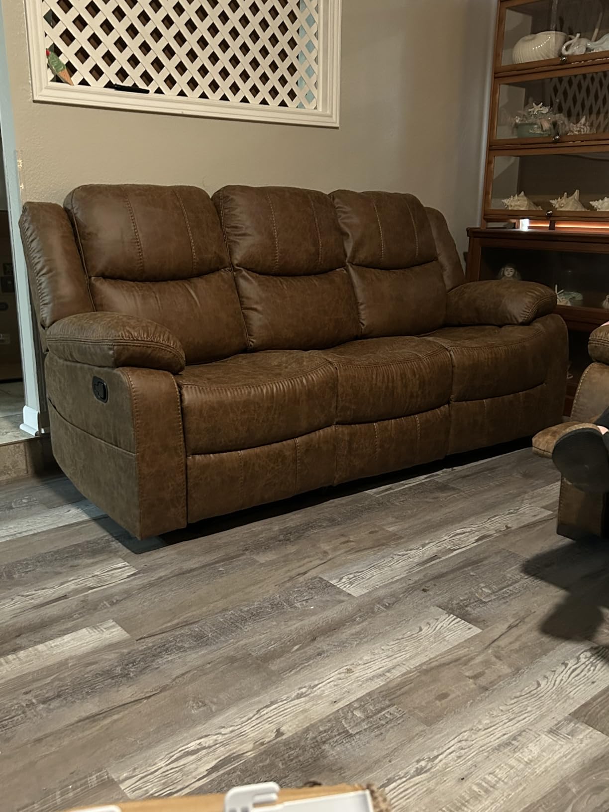 Faux Leather Manual Reclining Sofa, Mid-Century Modern Overstuffed Armrest 3 Seat Recliner Sofa, Reclining Couch for Living Room, Meeting Room, Brown (3 Seat Sofa) customer photo 2