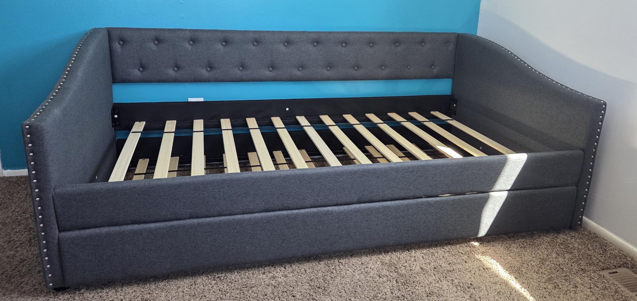 Full Size Upholstered Daybed with Trundle | Twin Size Trundle, Button-Tufted Back, Piping on Waved-Shape Arms, Solid Wood for Boys & Girls, Easy Assembly for Bedroom customer photo 2
