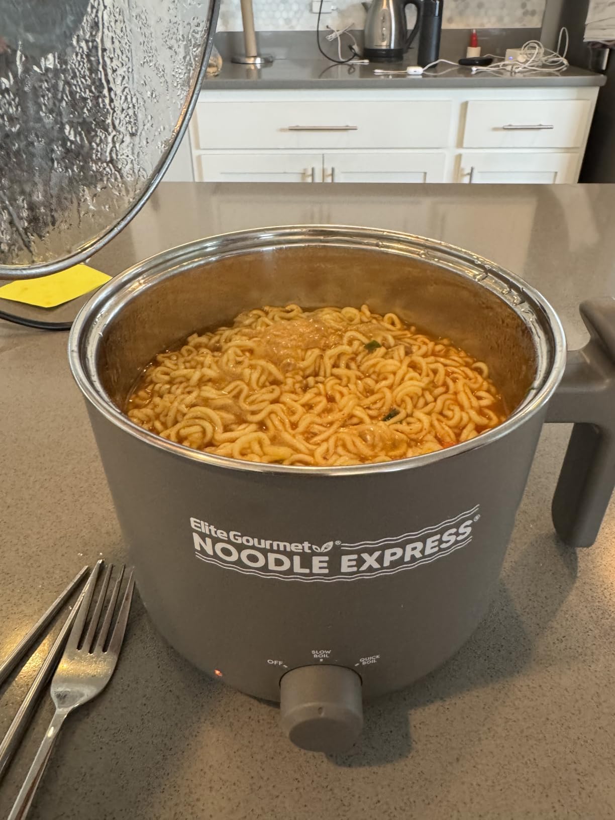 Elite Gourmet Noodle Express Electric Hot Pot, Ceralast Non-Stick, Grey | Cool-touch handle - PFAS-free ceramic coating - prepares noodles, soups & stews - glass lid - 2 heat settings, High/Low customer photo 2