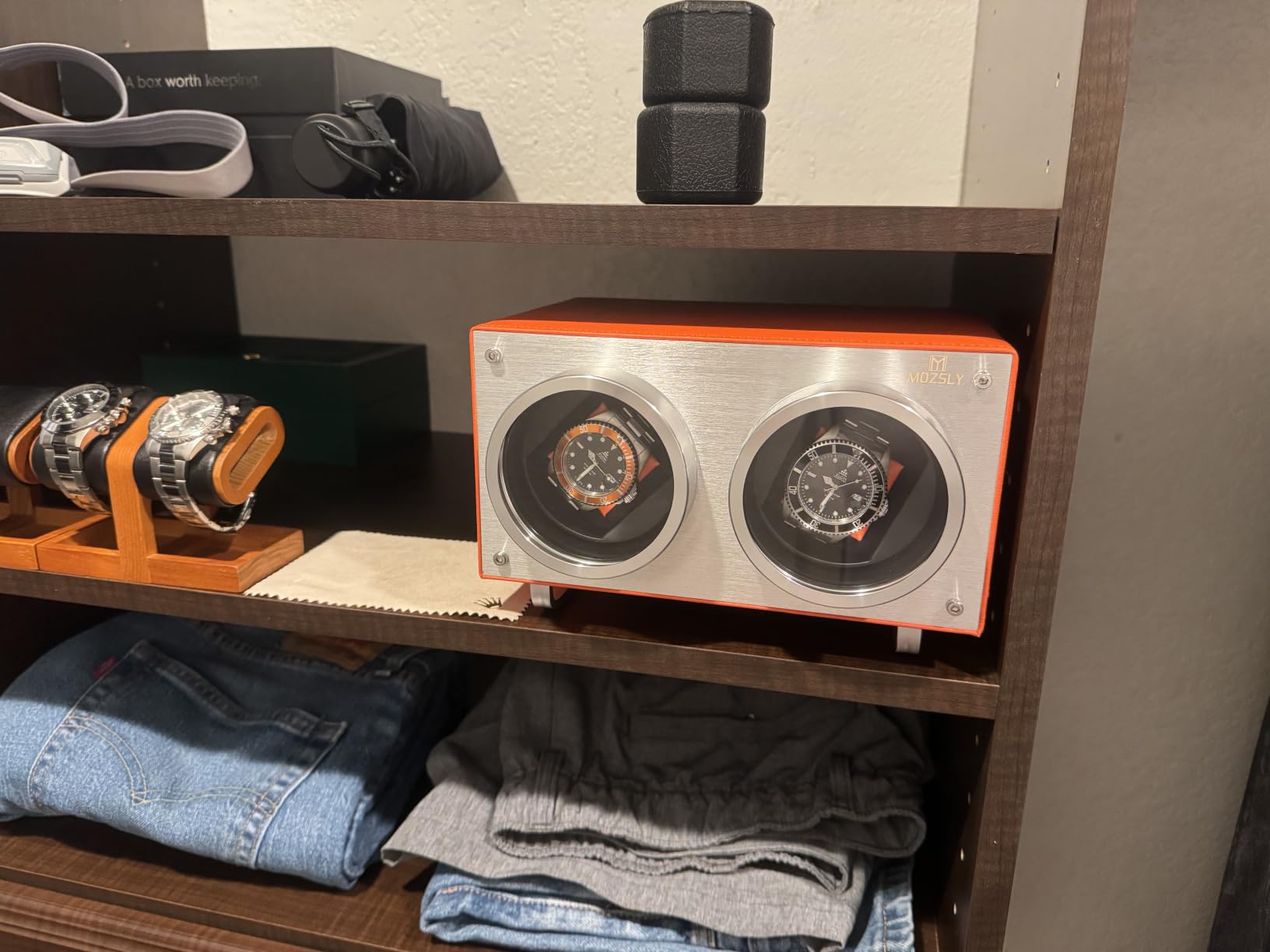 MOZSLY Double Watch Winder for Automatic Watches with Quiet Motor 12 Rotation Mode Setting AC Adapter or Battery Powered PU Leather customer photo 2