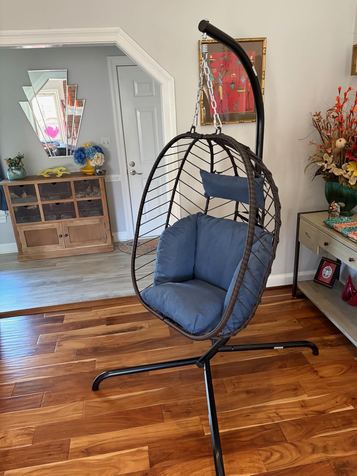Foldable Egg Chair with Stand, 485LBS Capacity Textilene Hammock Swing Chair for Outdoor & Indoor, Hanging Chair with Strong Frame & UV Resistant Cushion for Balcony, Bedroom, Light Gray/D1 customer photo 1