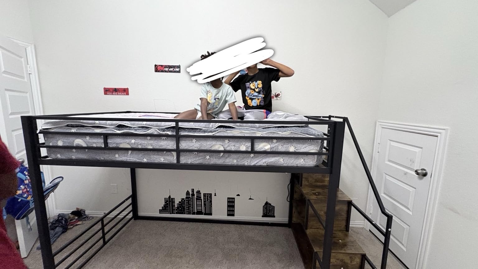 LIKIMIO Bunk Bed Twin Over Twin, Twin Bunk Beds with Stairs & Power Outlet | Storage Ladder. Full-Length Guardrail. Metal Slats. Space Saving for Bedroom. No Box Spring Needed. Vintage Brown. customer photo 2