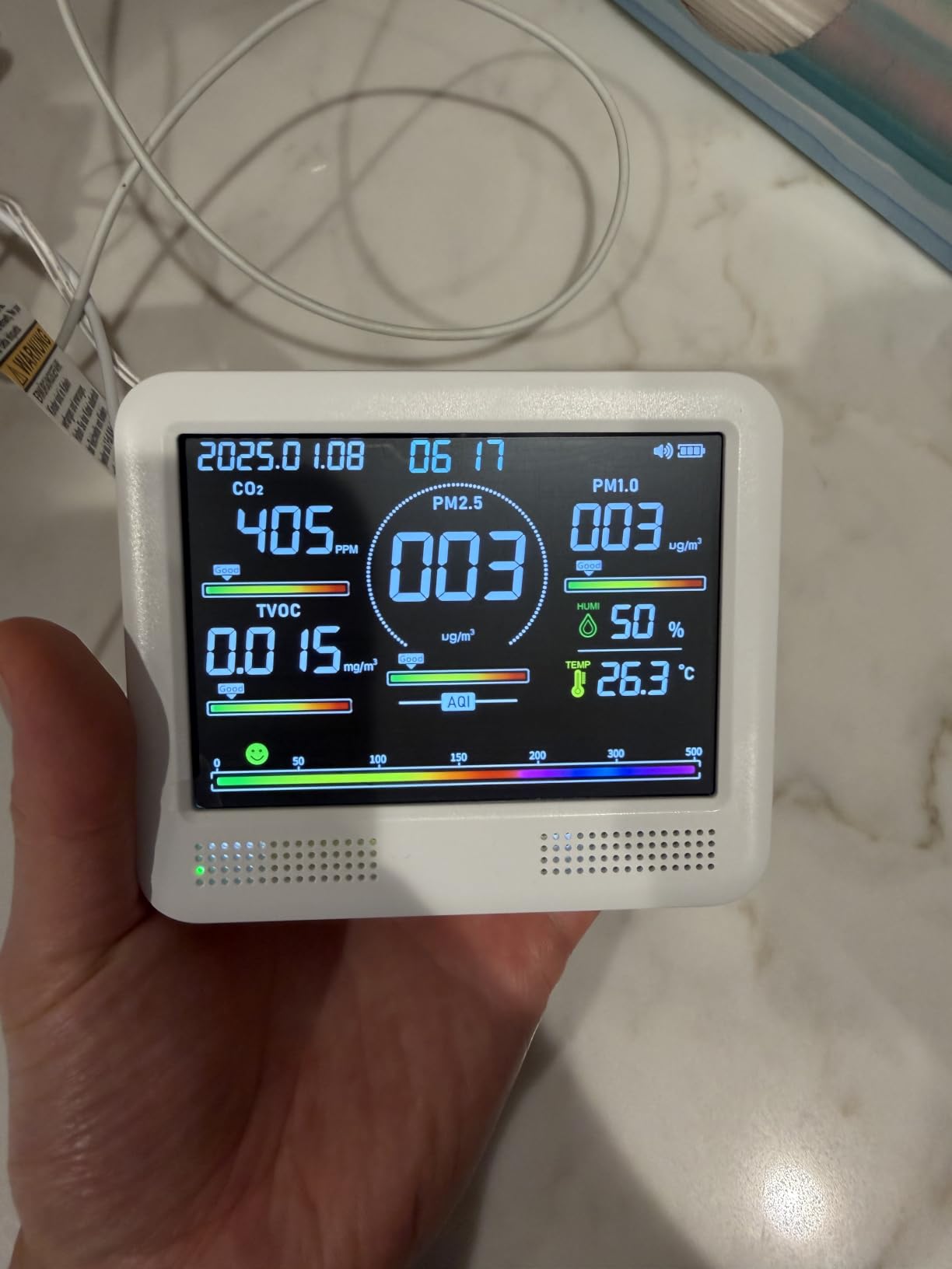 Indoor Air Quality Monitor for Home, CO2 Detector with PM2.5 PM10, Formaldehyde TVOC Sensor, AQI Temperature Humidity Display (White) customer photo 1