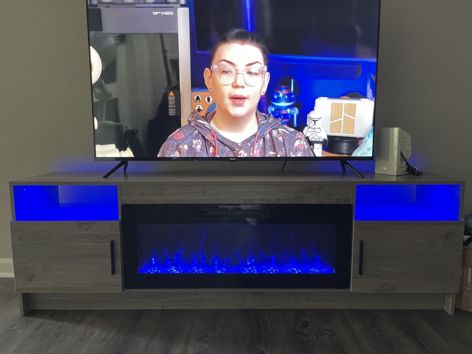 Kucreiheat Fireplace TV Stand for 65-80 inch TV, Large Entertainment Center with Fireplace & LED Lights, High Gloss Living Room Storage Cabinet, Walnut, 70''(Log) customer photo 2