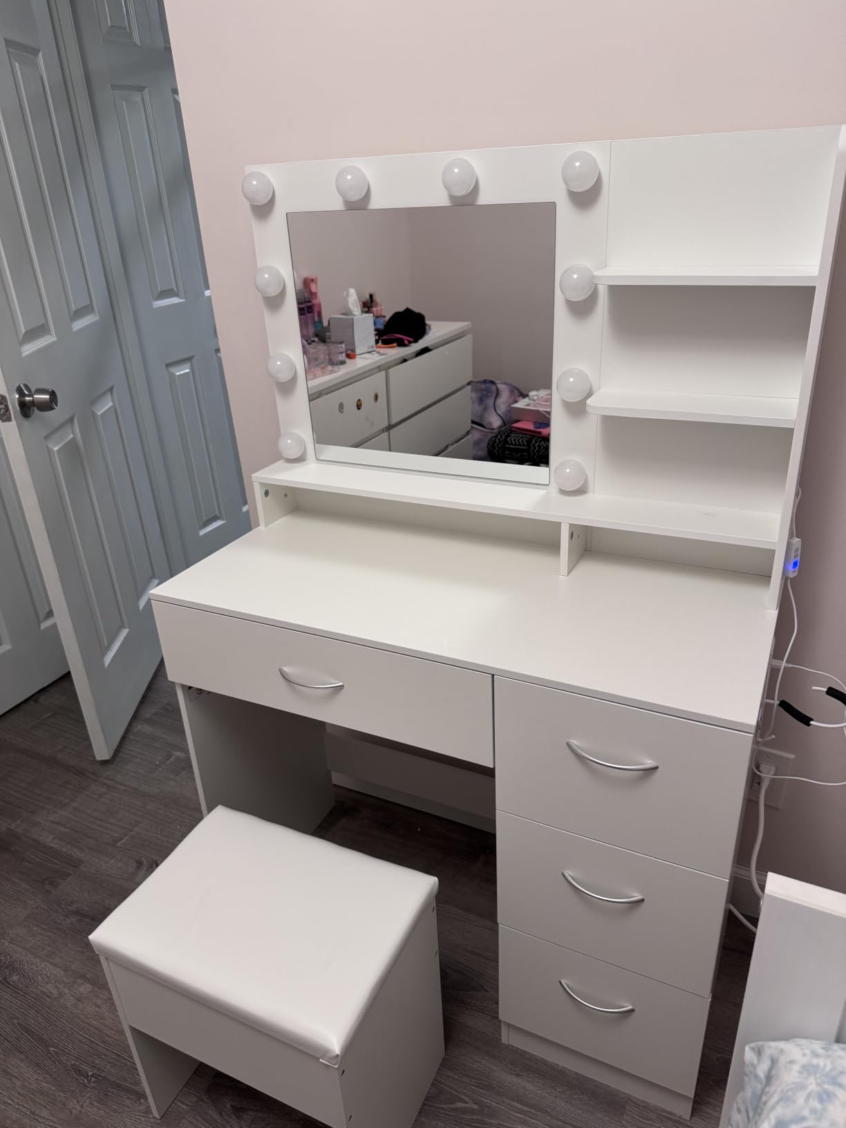 LIVELYGLOW White Makeup Vanity Desk with Charging Station & 4 Drawers | 10 LED Bulbs, HD Mirror, Cushioned Stool, Hairdryer Rack customer photo 1