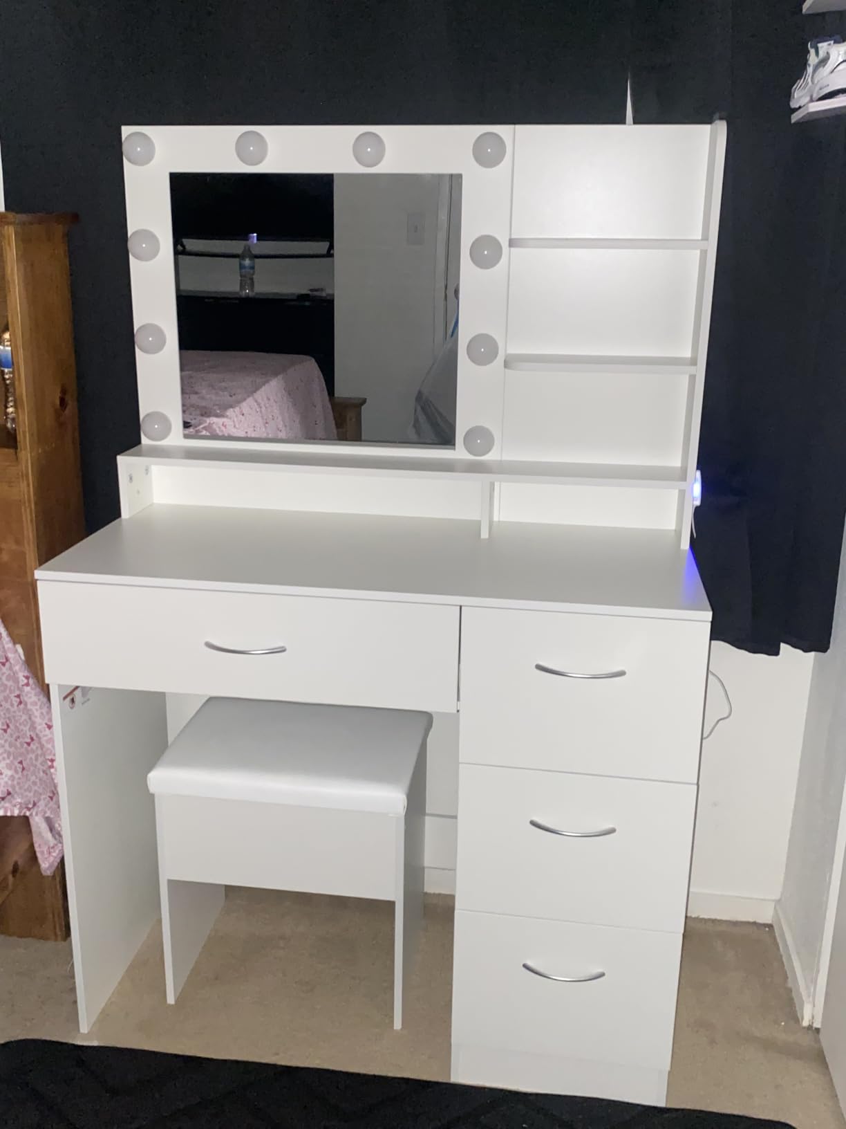 LIVELYGLOW White Makeup Vanity Desk with Charging Station & 4 Drawers | 10 LED Bulbs, HD Mirror, Cushioned Stool, Hairdryer Rack customer photo 2