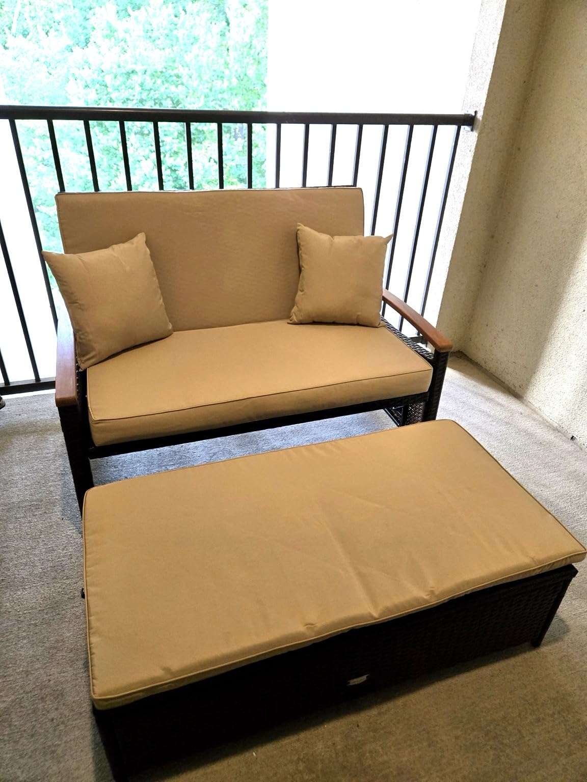 COSTWAY Patio Rattan Daybed, Outdoor Loveseat Sofa with Storage Ottoman, 4-Level Adjustable Backrest & Acacia Wood Armrest, Outdoor Wicker Daybed with Side Panels for Yard, Deck, Poolside (Black) customer photo 1