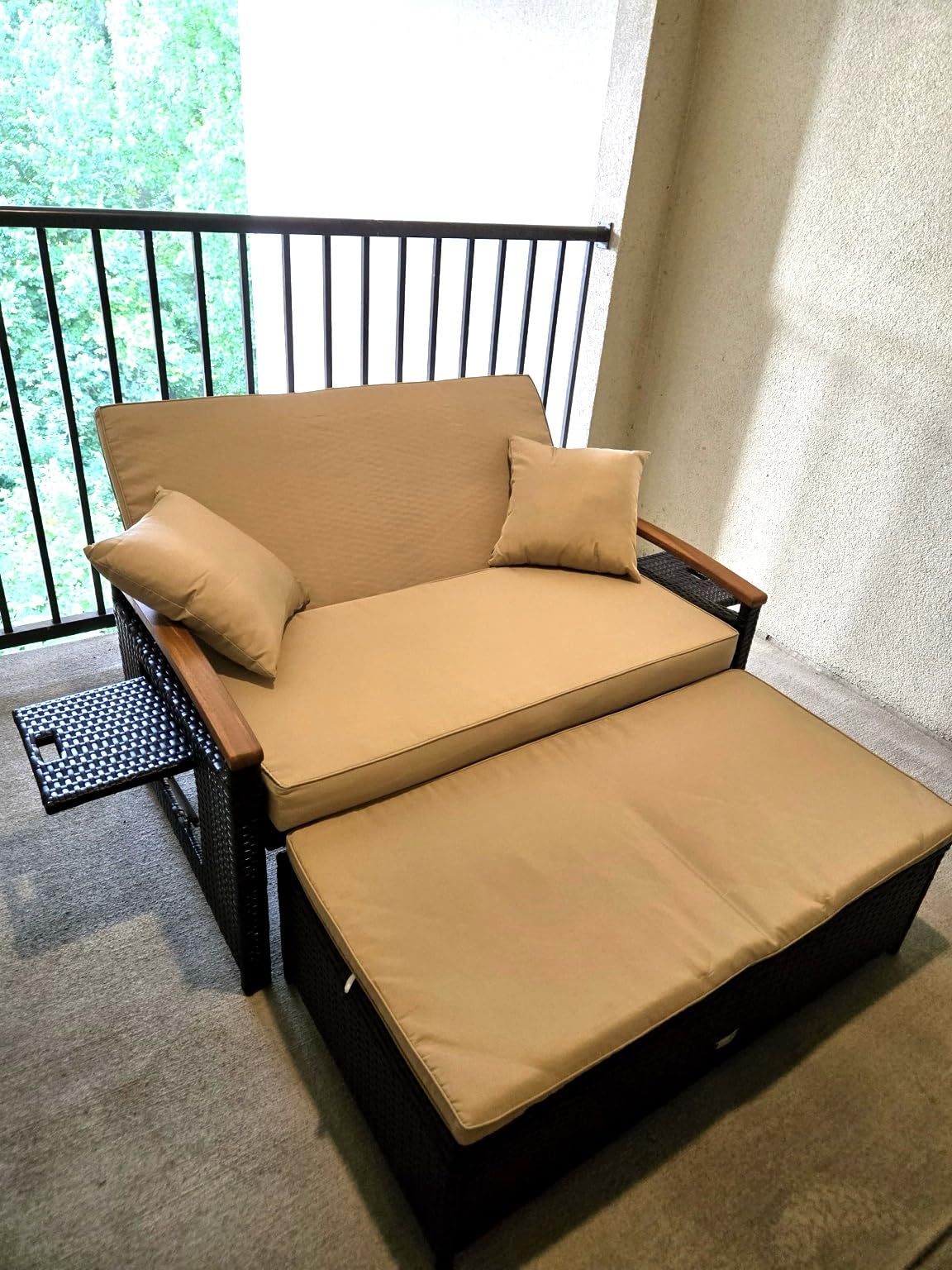 COSTWAY Patio Rattan Daybed, Outdoor Loveseat Sofa with Storage Ottoman, 4-Level Adjustable Backrest & Acacia Wood Armrest, Outdoor Wicker Daybed with Side Panels for Yard, Deck, Poolside (Black) customer photo 2