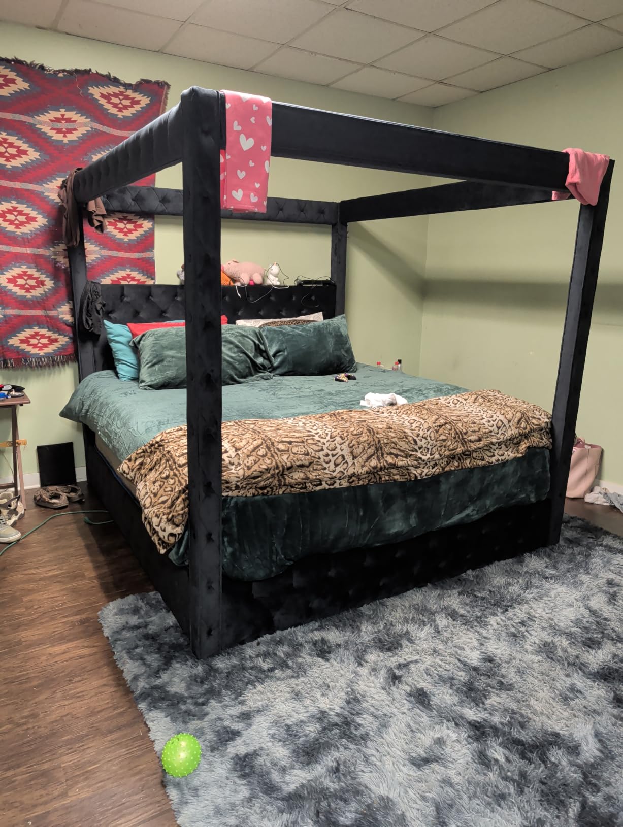 Jocisland King Canopy Bed Frame Velvet Upholstered Headboard, Black | 74.8