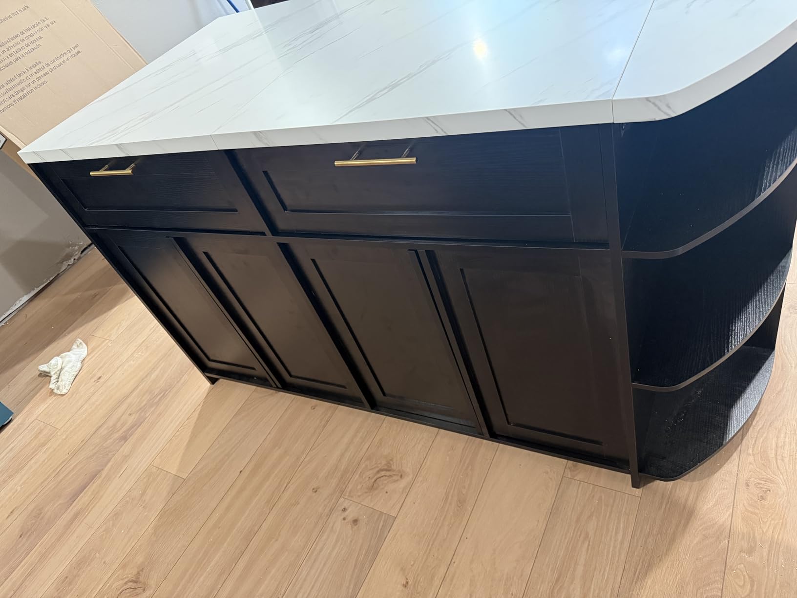 HSH 63 Inch Large Kitchen Island with Storage and Seating, Light Oak | Stationary Island Table with Storage Drawers, Cabinets, 3 Oval Open Shelves, wood Counter Prep Island for Kitchen Dining Room customer photo 2