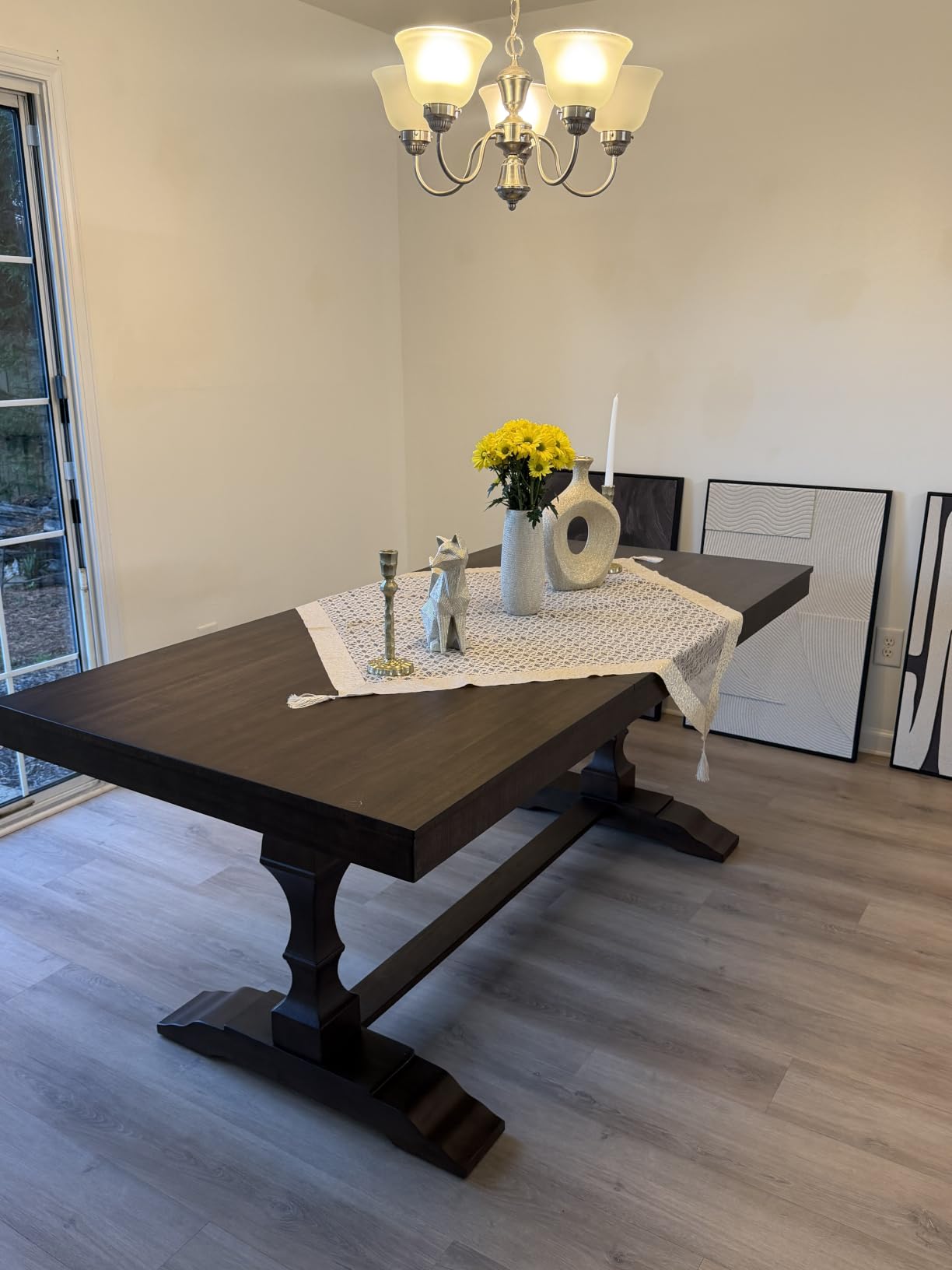 WAMPAT 74.8-inch Long Vintage Farmhouse Dining Table for 6-8 People | Weathered Wooden Textured Tabletop, Solid Wood Double Pedestal Legs with T-Shaped Feet, Non-Extendable, Dark Walnut Brown customer photo 1