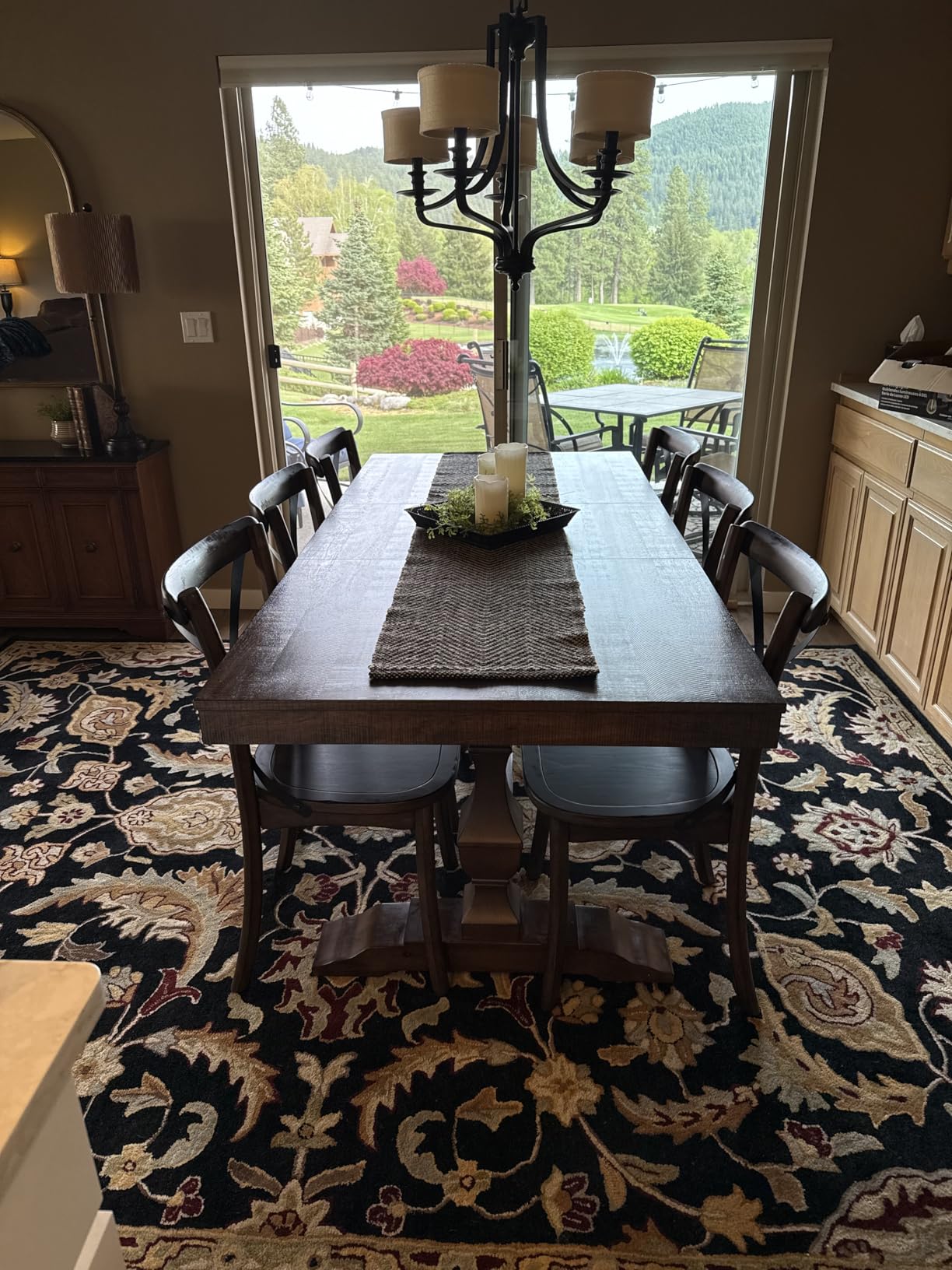 WAMPAT 74.8-inch Long Vintage Farmhouse Dining Table for 6-8 People | Weathered Wooden Textured Tabletop, Solid Wood Double Pedestal Legs with T-Shaped Feet, Non-Extendable, Dark Walnut Brown customer photo 2