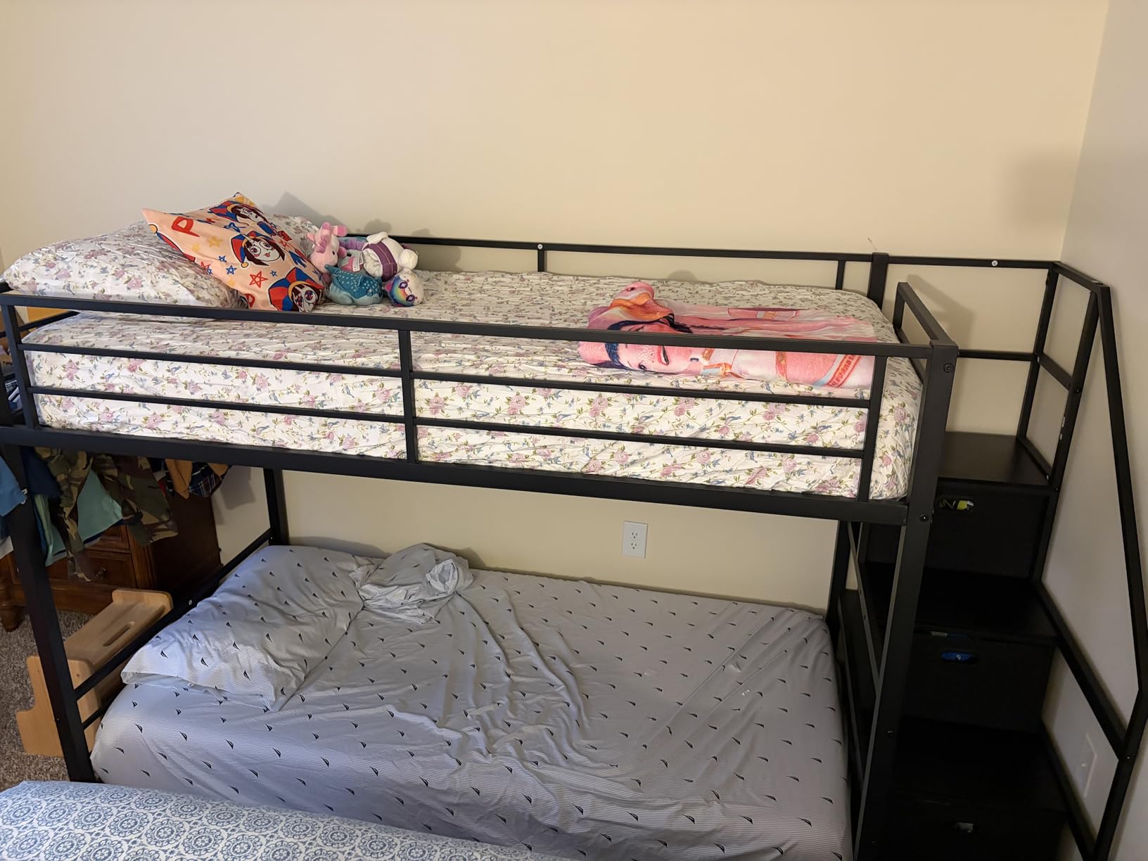 Twin Over Twin Metal Bunk Bed with Storage Stairs, Drawers & Shelves, Power Outlet and RGB LED Lights, Low Profile Kids Bunk Bed Frame with Safety Guardrails & Metal Slats, No Box Spring Needed (Black) customer photo 1
