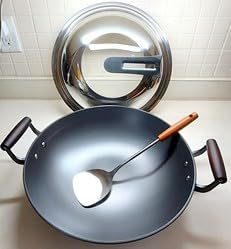 Chinese Wok with Lid, 15.2 Inch Flat Bottom, Cast Iron, Stir-Fry Deep Fryer, Uncoated for Open Fire, PFAS PFOA Free, Riveted Solid Wood Handle, For About 3-7 People customer photo 2