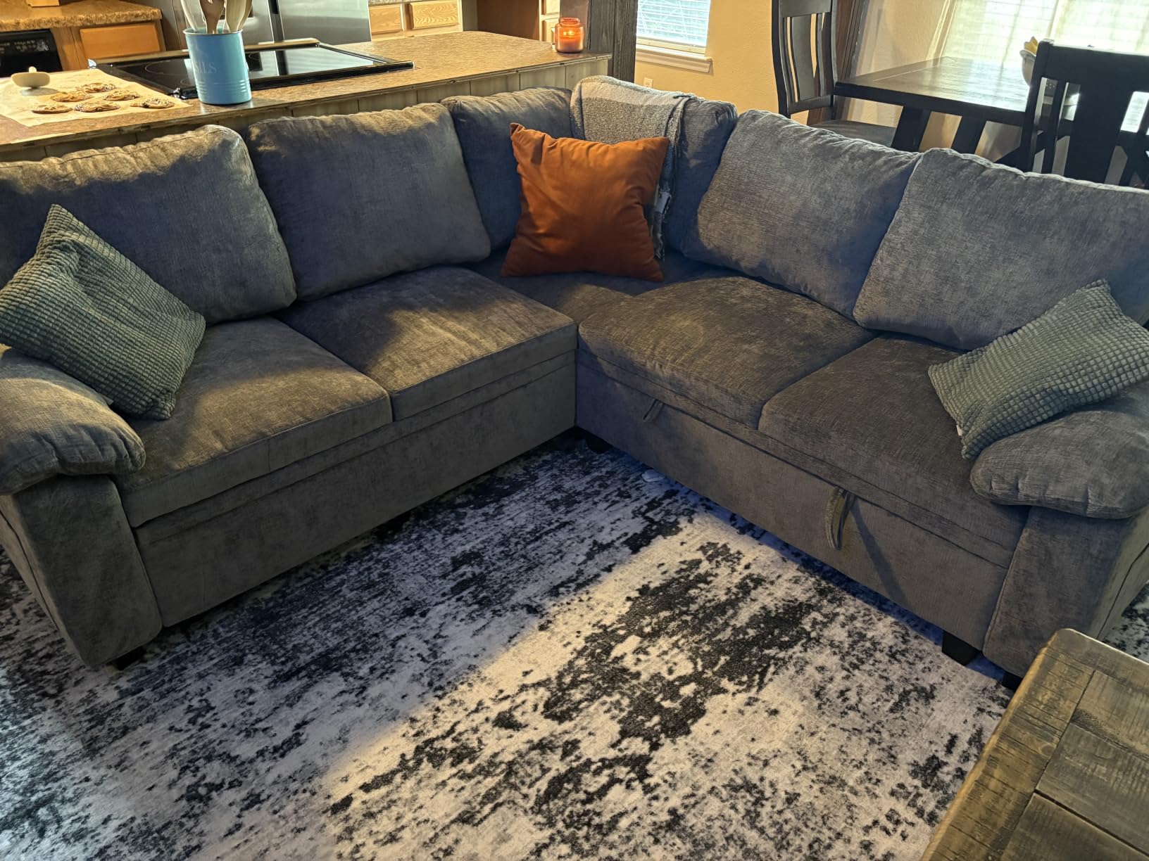 86 Inch Sectional Sleeper L Shaped Sofa with Pull Out Bed, Modular Sectional Sofa with Storage, Modern Chenille 5 Seater Bed Couch, Small Sectional Couches for Living Room, Apartment, Beige customer photo 2