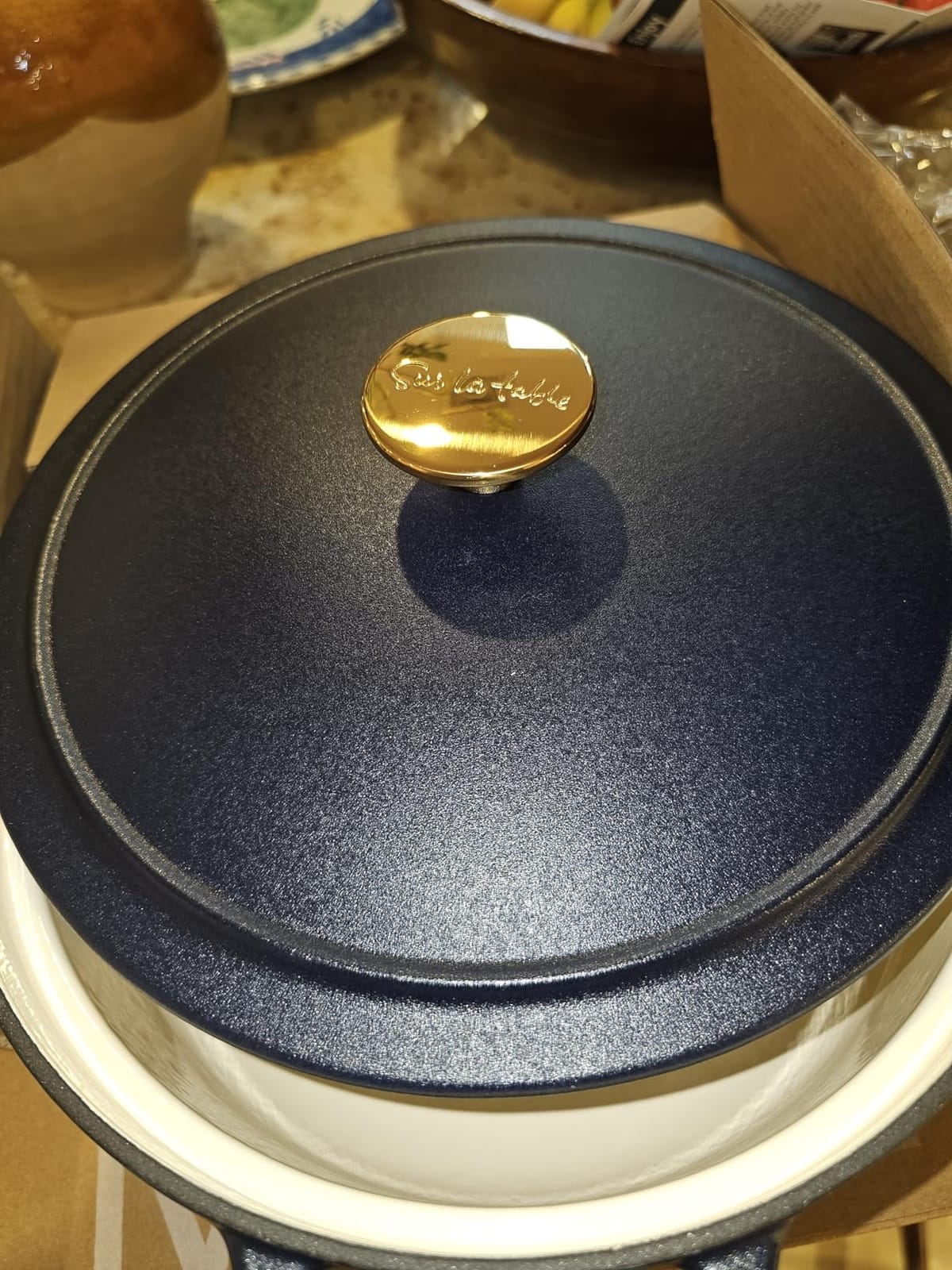 Sur La Table Kitchen Essentials 4-Piece Enameled Cast Iron Stackable Cookware Set, 5.3 Qt Dutch Oven with Lid, Braiser & Grill Pan, Navy Blue, Gold Knob Oven Safe to 500°F, Induction Compatible customer photo 1