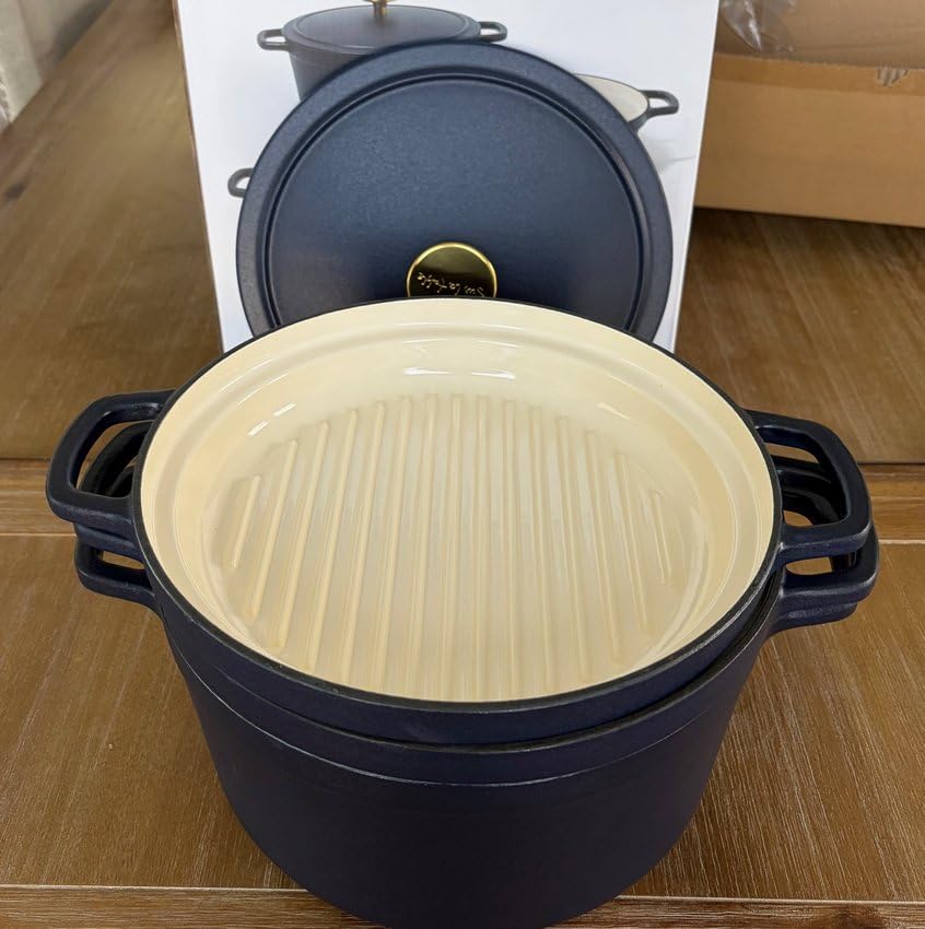 Sur La Table Kitchen Essentials 4-Piece Enameled Cast Iron Stackable Cookware Set, 5.3 Qt Dutch Oven with Lid, Braiser & Grill Pan, Navy Blue, Gold Knob Oven Safe to 500°F, Induction Compatible customer photo 2