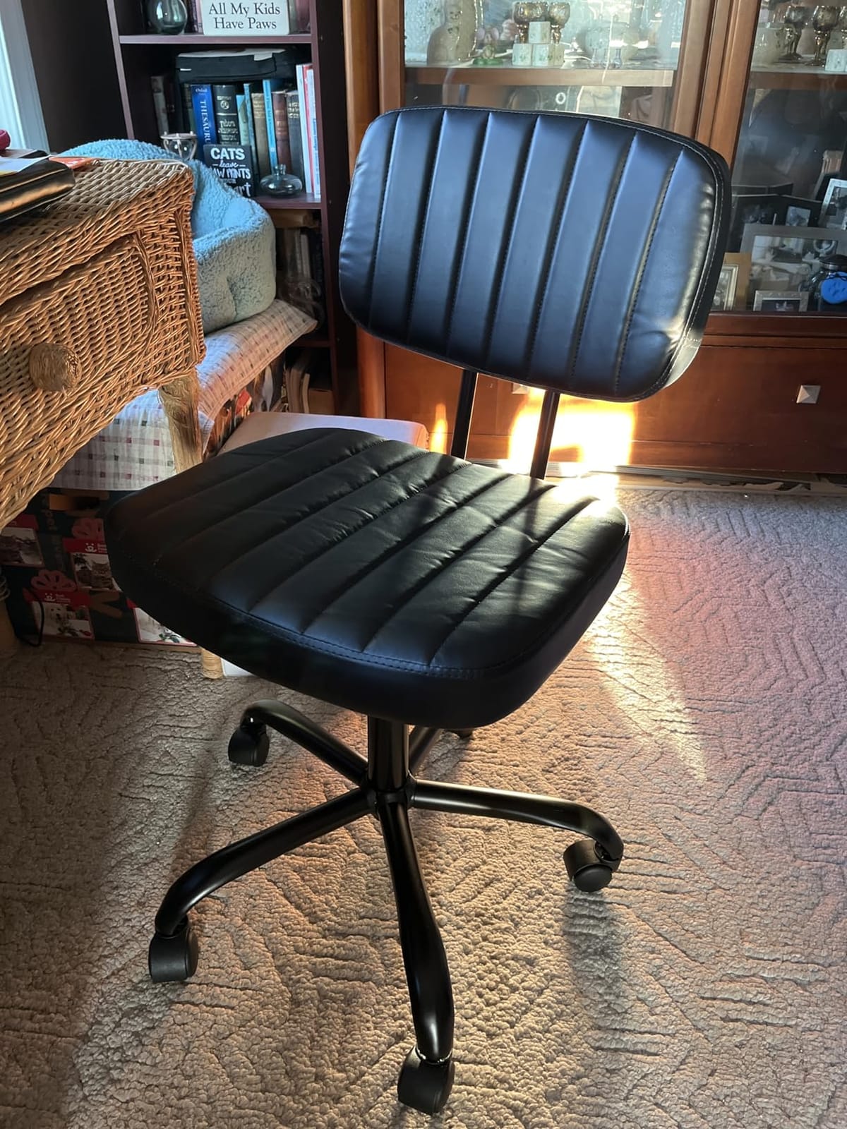 DUMOS Armless Drafting Chair, Low Back Office Seat with Adjustable Footrest Ring for Standing Desk, Ergonomic PU Leather Office Seating, Swivel Rolling High Stool for Studio, Lab, Counter, Black customer photo 1