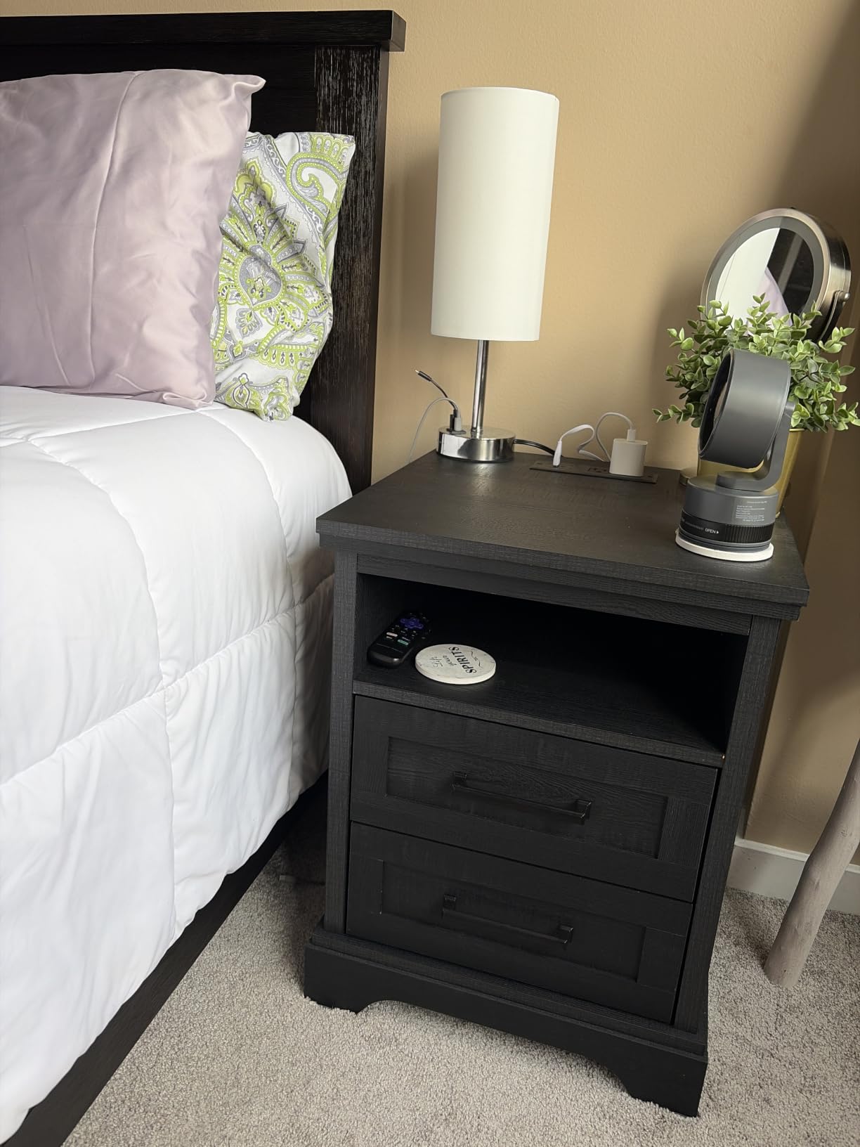 DUMOS Farmhouse Nightstand with Built-in Charging Station & USB Charging Ports, Sturdy Wood Bedside Table with 3 Spacious Storage Drawers, Minimalist Modern Small End Table for Bedroom, White customer photo 2