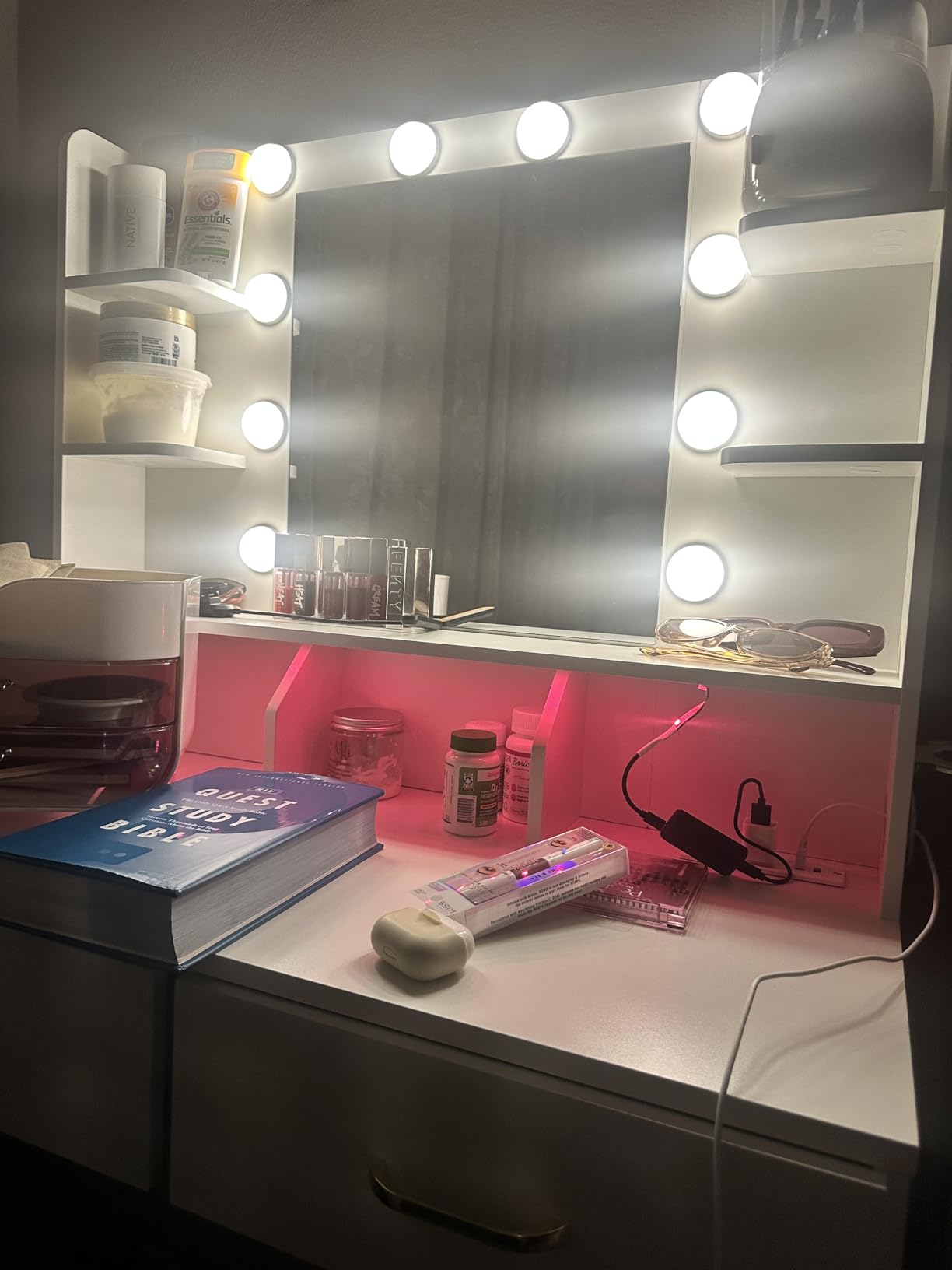 LUCKRACER Vanity Desk with LED Lights Mirror & Charging Station, Makeup Vanity with Storage Drawers and Shelves, Modern Dressing Table for Women Girls Bedroom, Ivory White customer photo 2