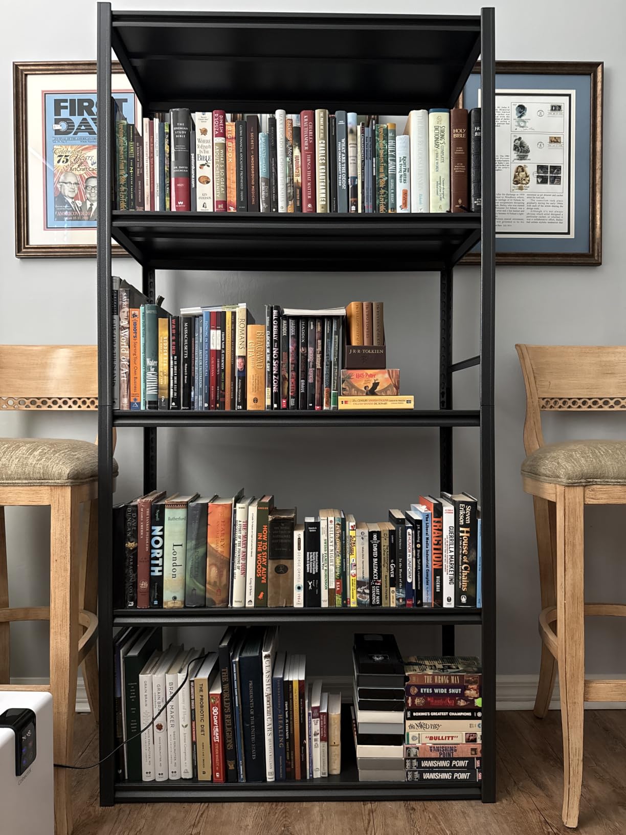 5 Tier Metal Book Shelf, Adjustable Tall Bookcase with Anti-Drop Fence | 72